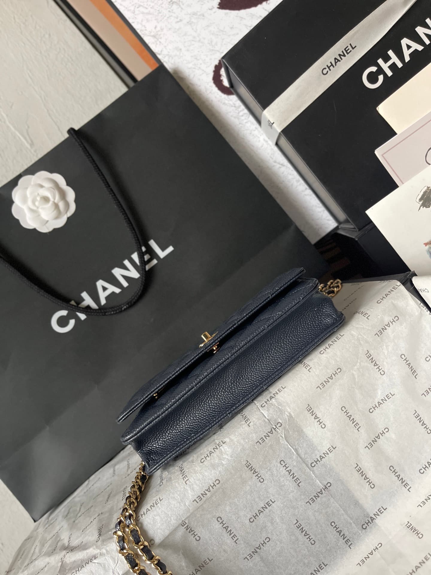 Chanel Classic Wallet on Chain Grained Shiny Calfskin & Gold-Tone Metal AP4241 Dark Blue A