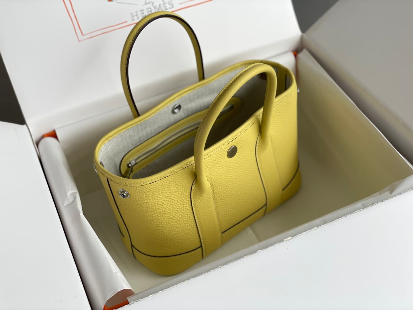 Hermes Garden Party 23 bag in Jaune Poussin Togo Leather WAX High