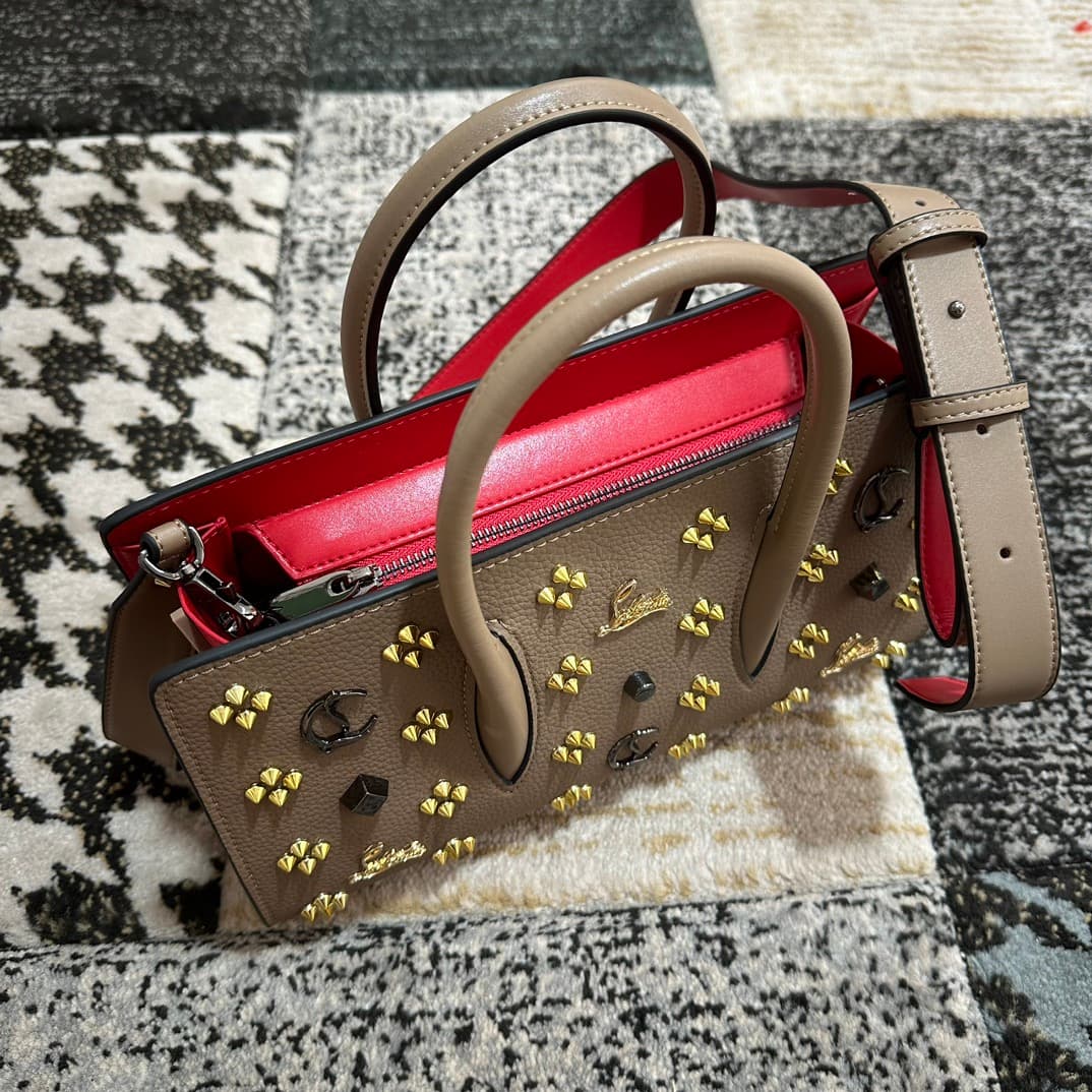 Christian Louboutin Paloma leather tote bag in beige with spikes &studs High