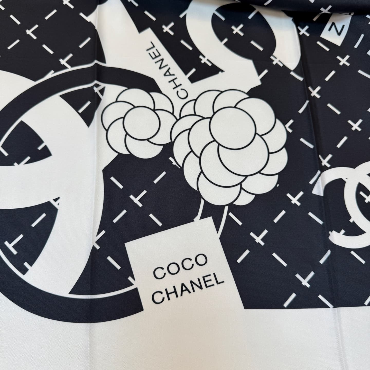 Chanel Silk CC Logo Camellia Scarf