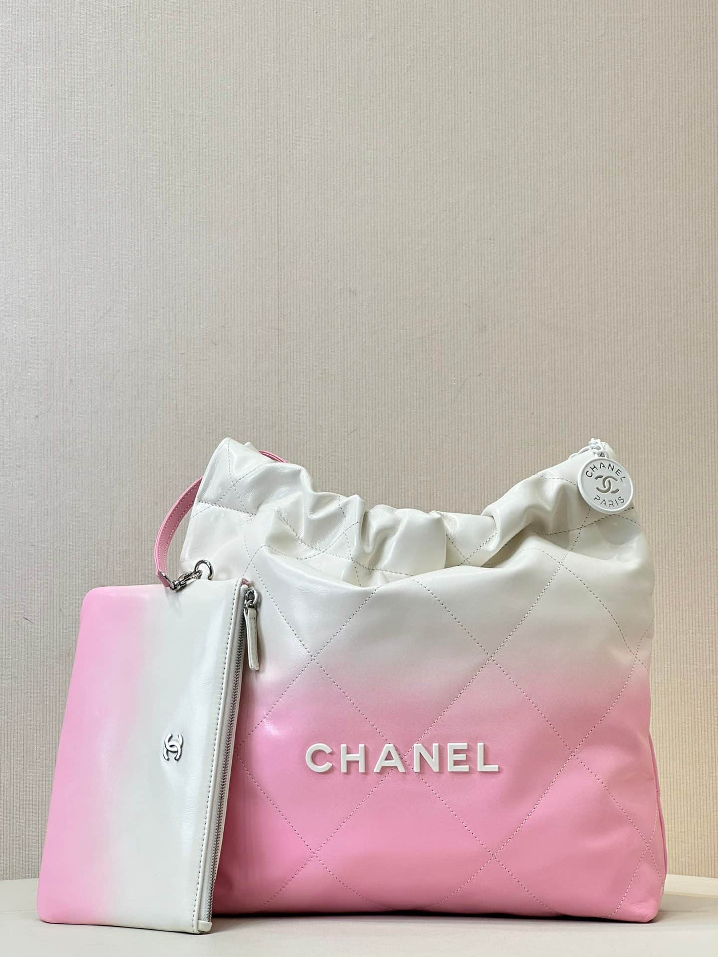 Chanel 22 Small handbag Shiny calfskin & White-tone metal AS3260 White with Pink TOP