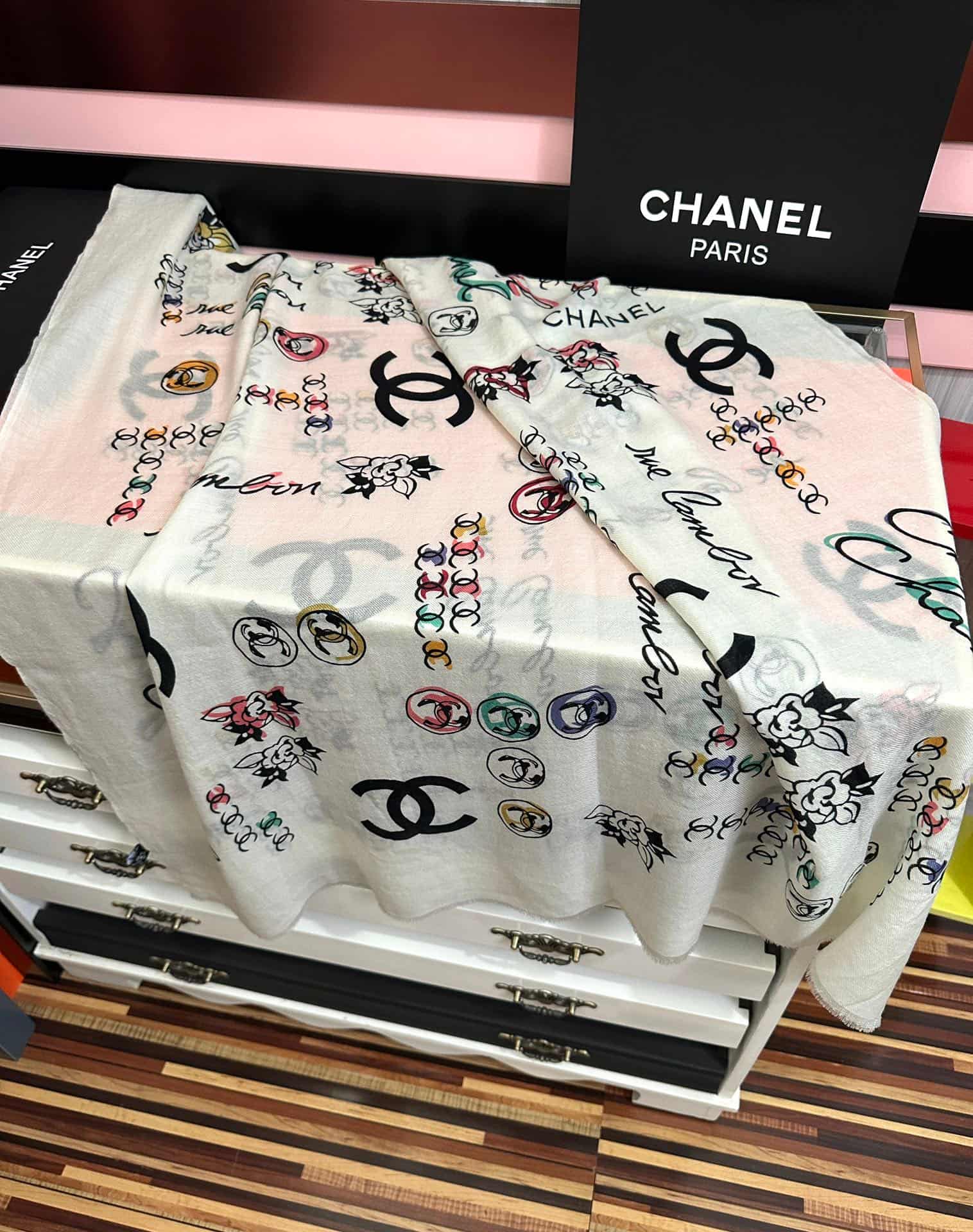 Chanel Silk scarf featuring  Camelia logo and Cambon print