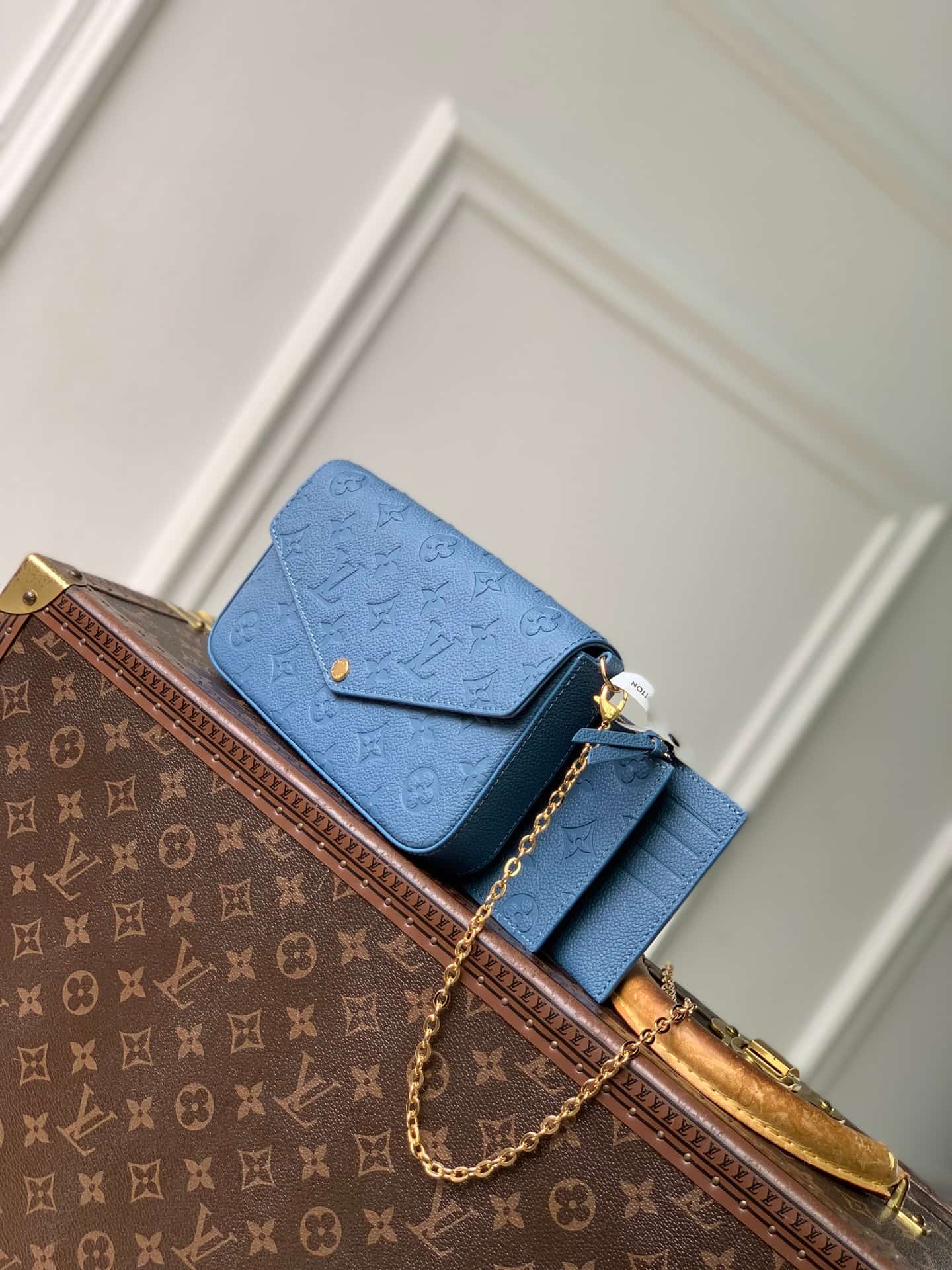 Louis Vuitton Pochette Félicie Denim Blue Embossed grained cowhide leather M28891 High