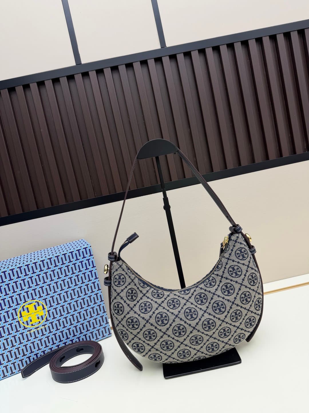 Tory Burch T Monogram Romy Half Moon Bag in navy blue jacquard Canvas High