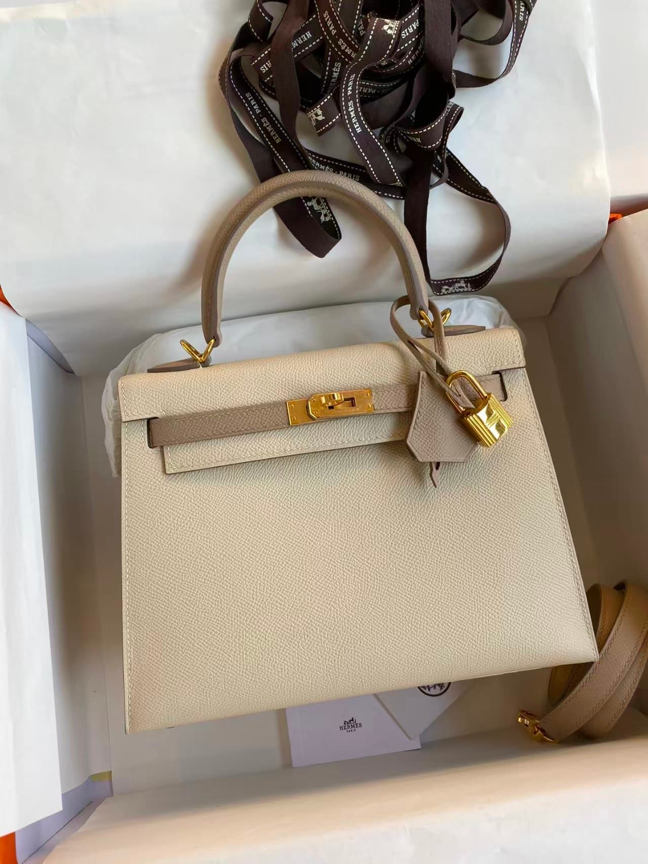 Hermes Kelly 25/28/32cm Sellier Bag Epsom Leather WAX-Bicolor Craie/Trench High Customizing style