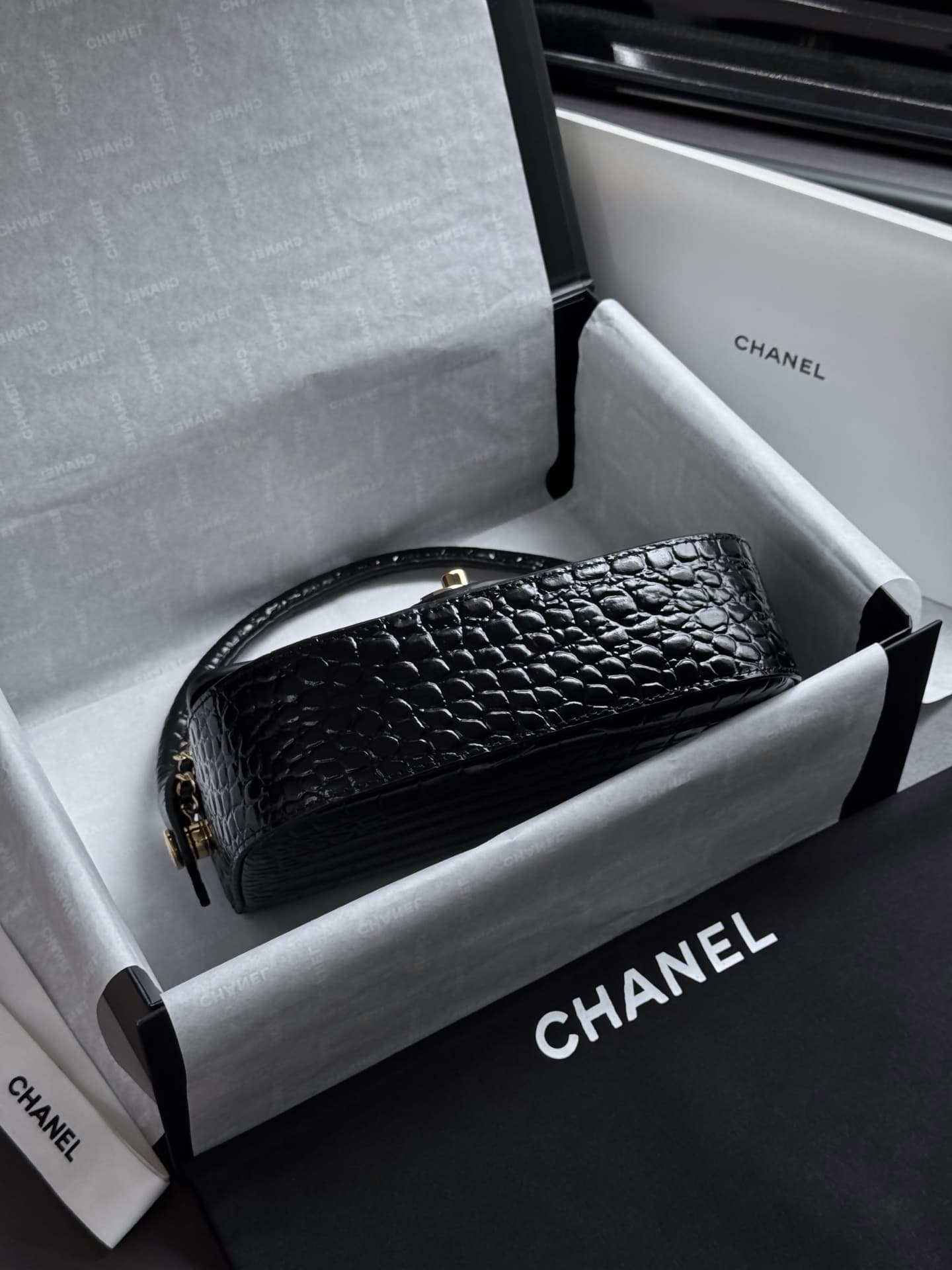 Chanel Mini Flap Bag with Top Handle Crocodile Embossed Calfskin & Gold-Tone Metal Black AS6424 A