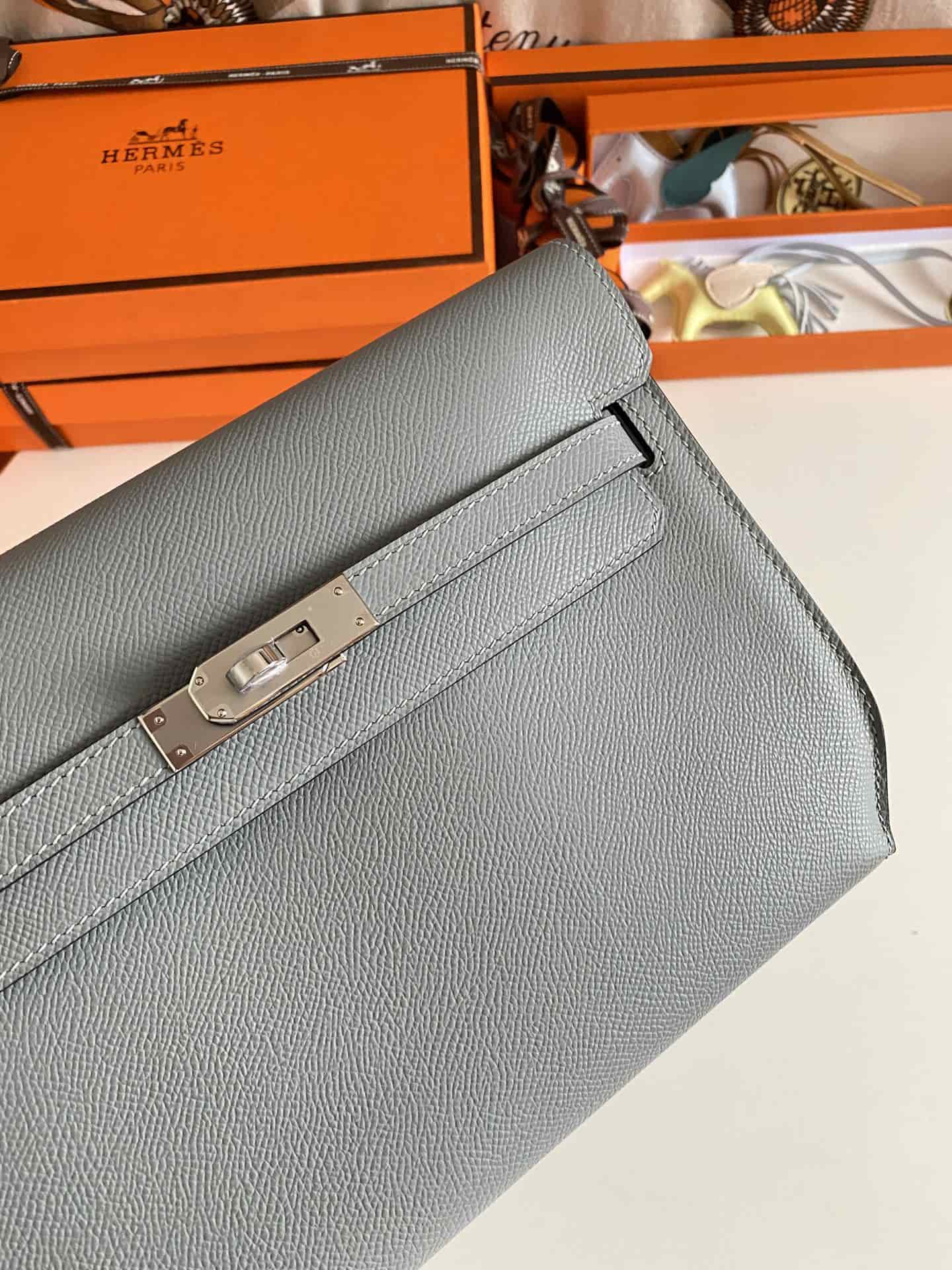 Hermes Kelly Depeches 25 Pouch Epsom Leather Blue Lin WAX High
