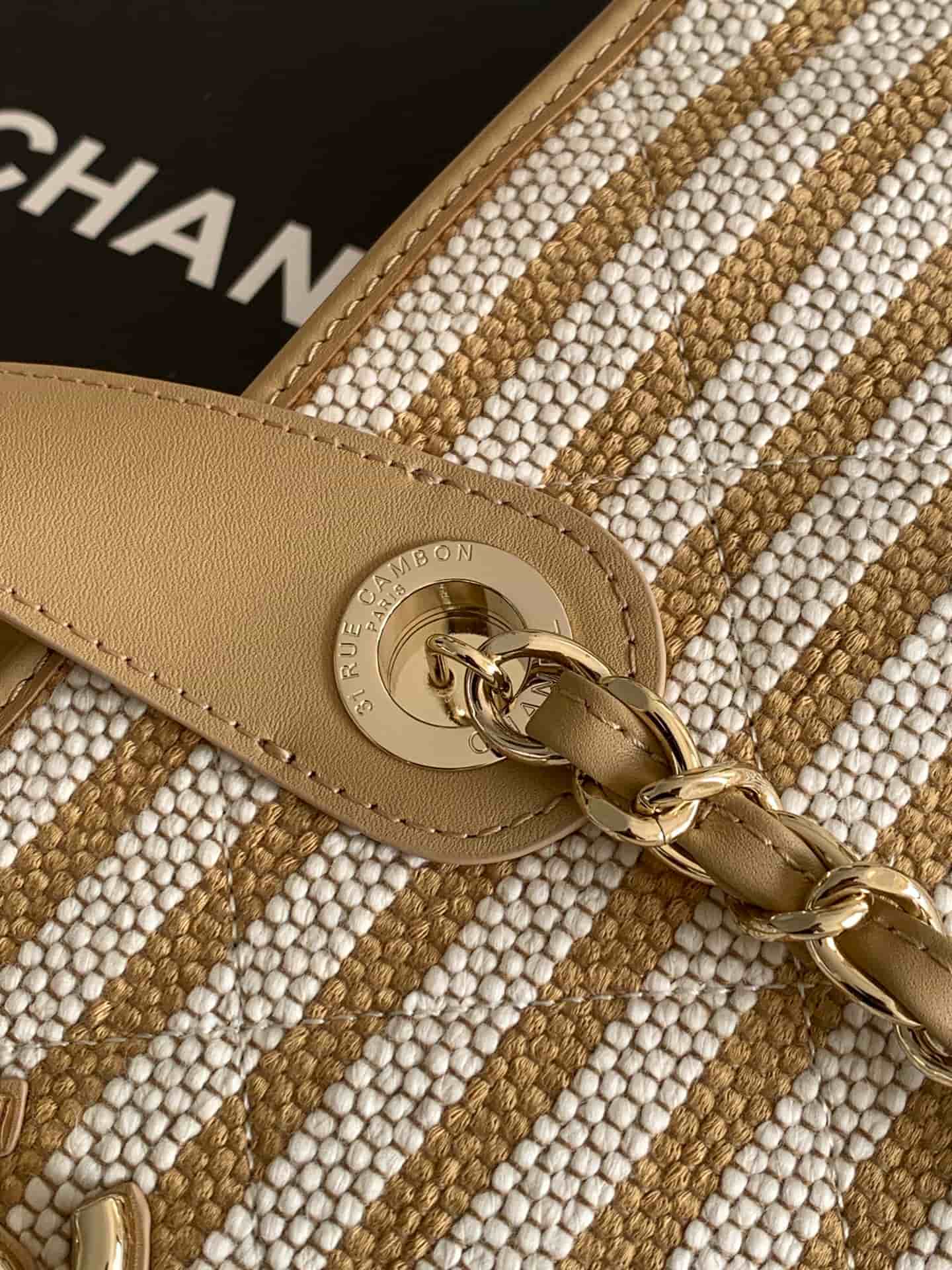 Chanel Deauville tote bag Striped canvas & Gold-Tone Metal Beige AS6007 A