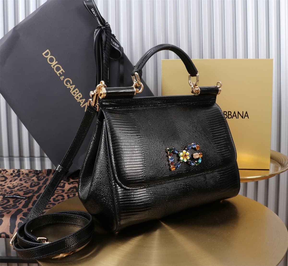 Sicily Handbag 25cm in Iguana Print Calfskin and Crystal DG Logo Patch High