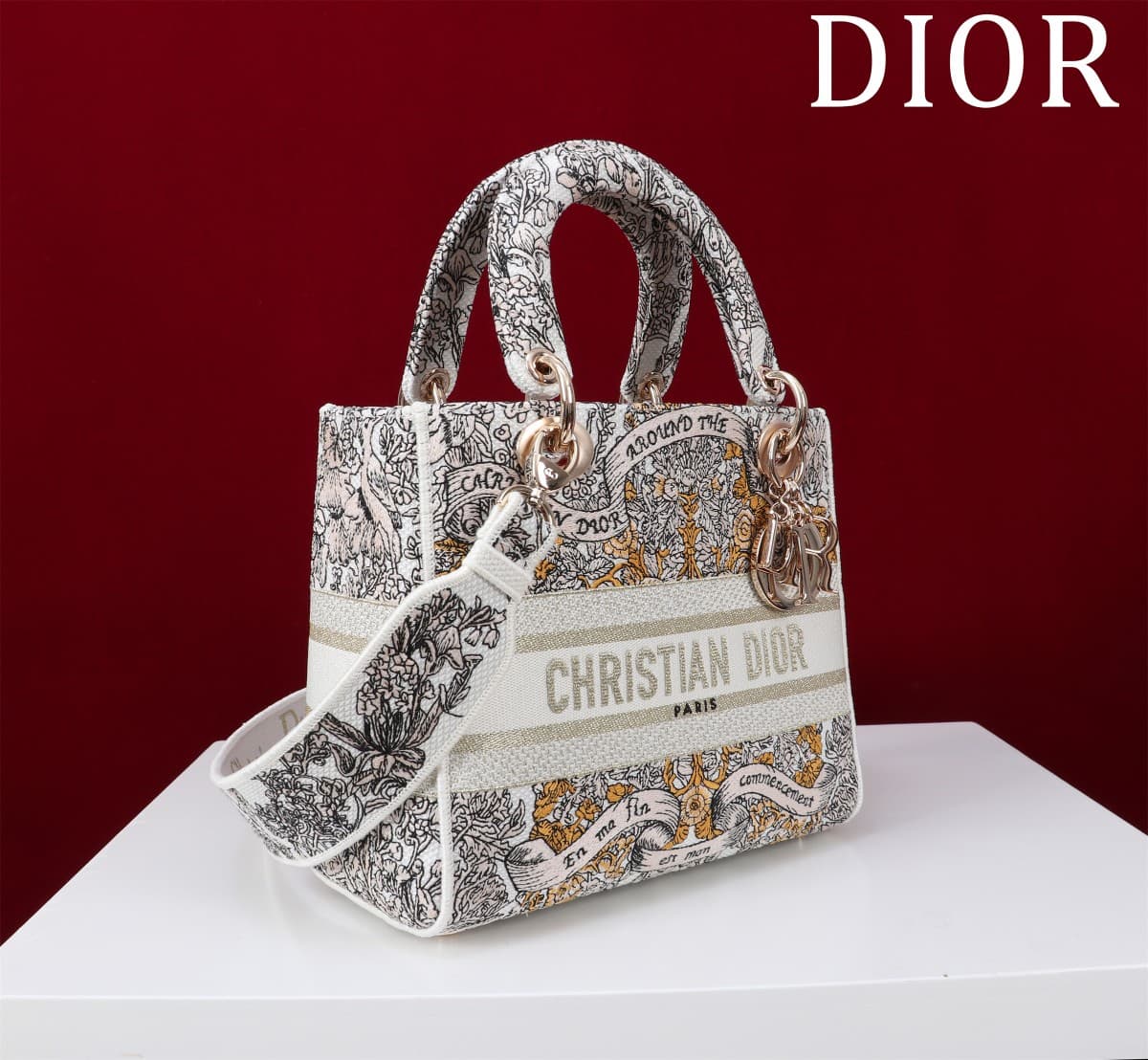Medium Lady D-Lite Bag Latte Embroidery with Gold-Tone Dior Around the World Motif High
