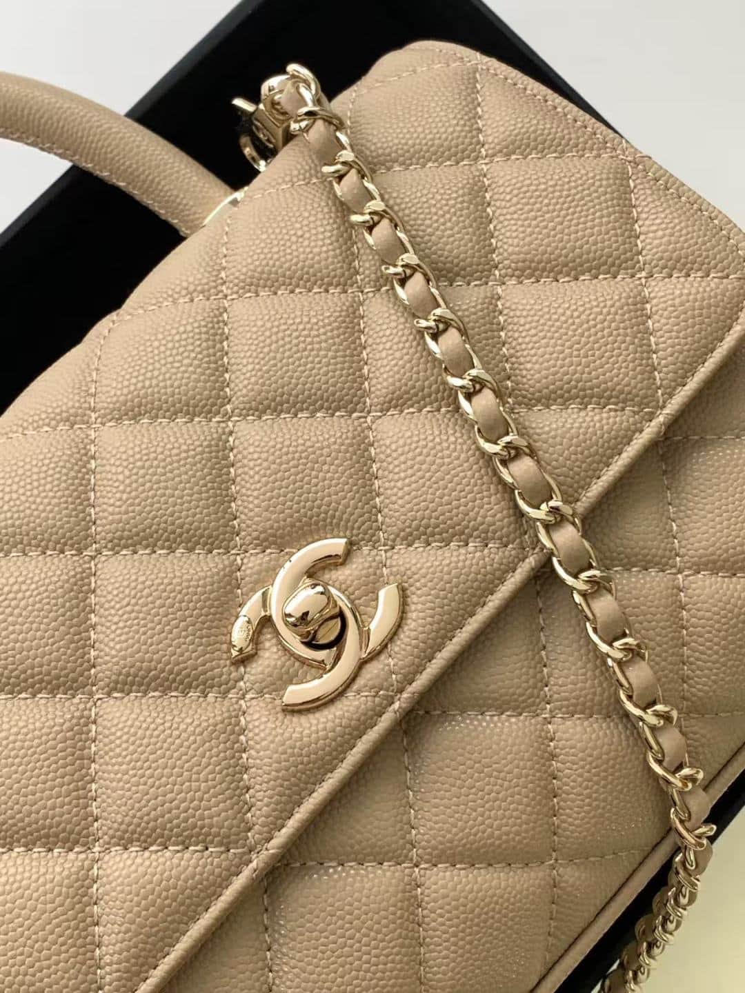FLAP BAG WITH TOP HANDLE Grained Calfskin & Gold-Tone Metal A92990 Champagne Binding A