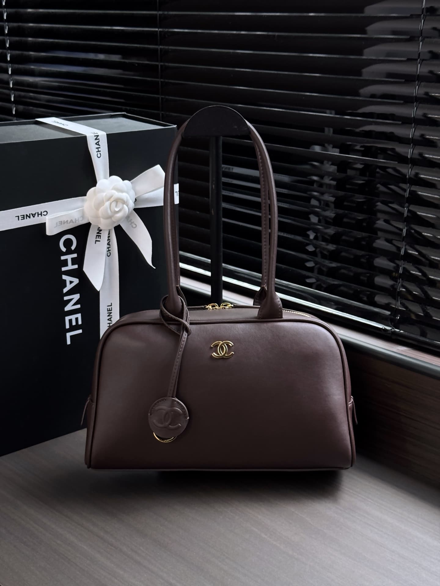 Chanel Large Bowling Bag Calfskin & Gold-Tone Metal Dark Brown AS6580 High