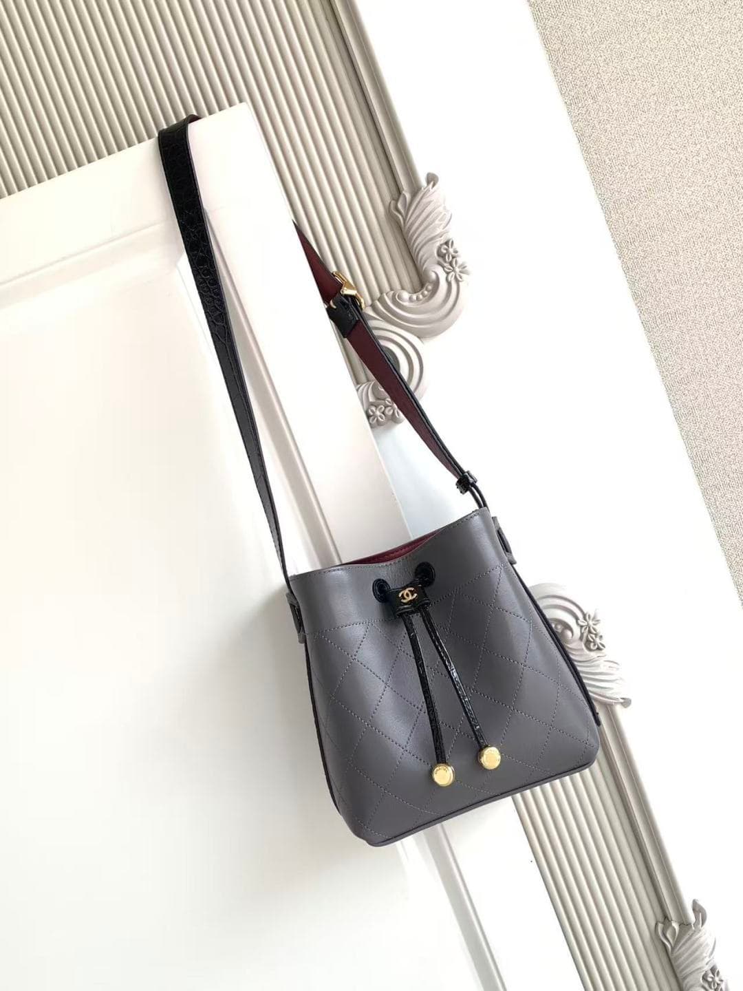 Chanel Small Bucket Bag Calfskin Leather & Gold-Tone Metal Grey AS6537 A
