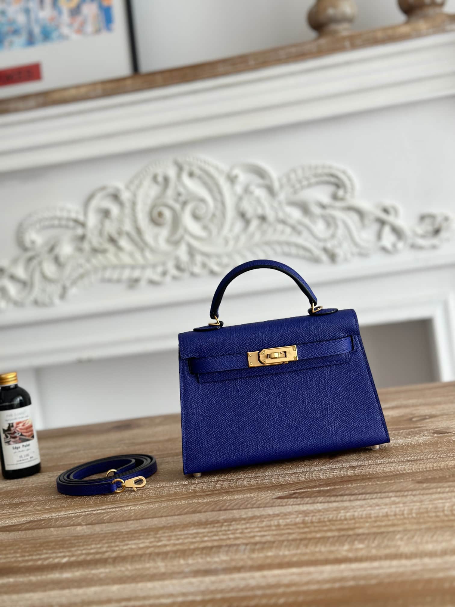 Hermes Kelly Mini II Bag Epsom Leather WAX Silver/Gold Metal Bleu Electric High