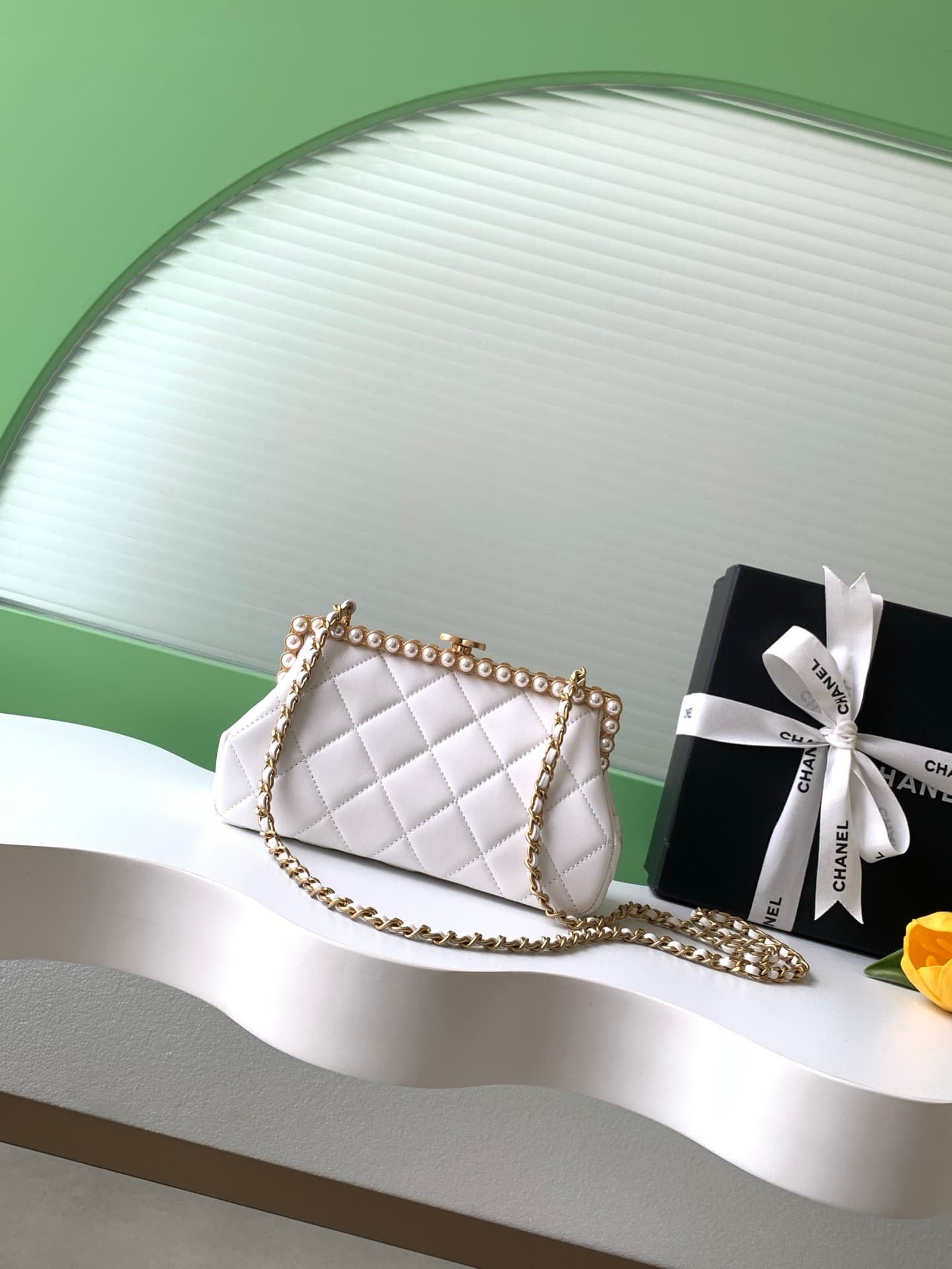 Chanel Pearly Lambskin Imitation Pearls & Gold-Tone Metal White AS5912 A
