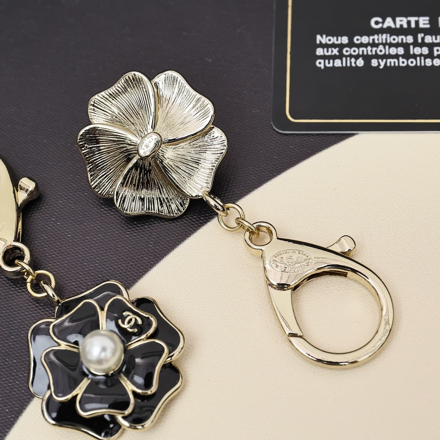 Chanel Enamel Camellia Pearl Keychain