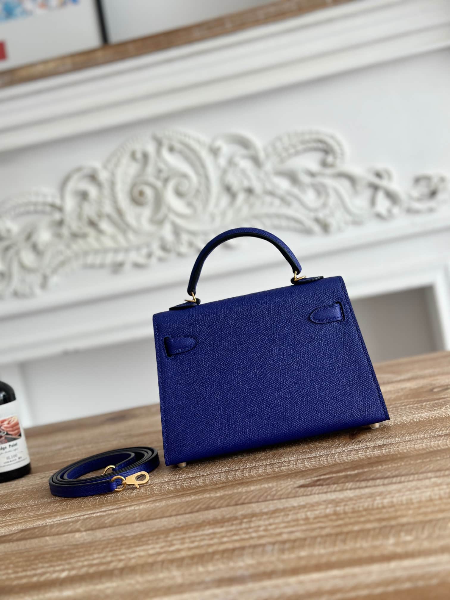 Hermes Kelly Mini II Bag Epsom Leather WAX Silver/Gold Metal Bleu Electric High