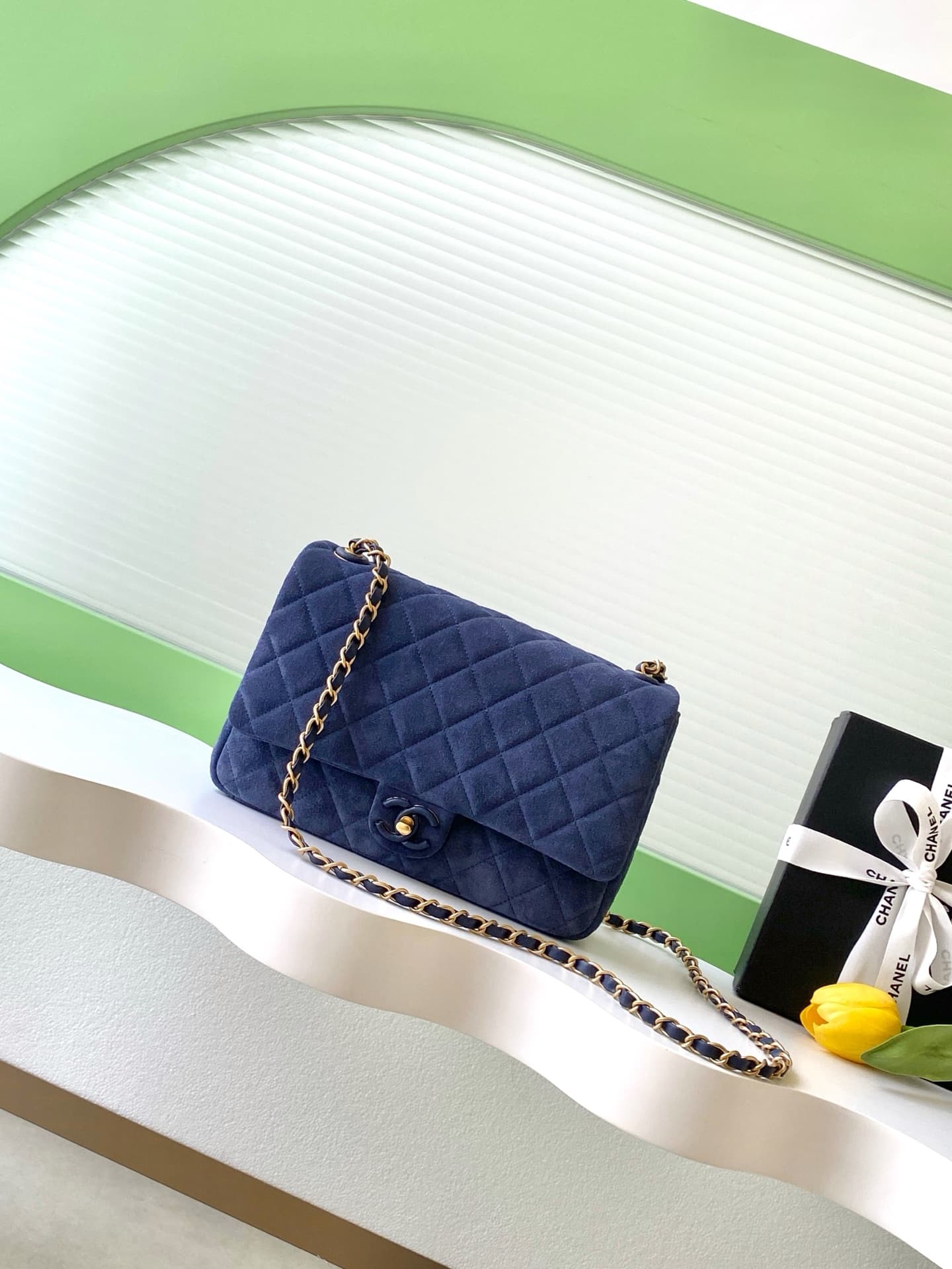 Chanel Classic Flap bag in Navy Blue Suede & Gold-Tone Metal AS5987 A