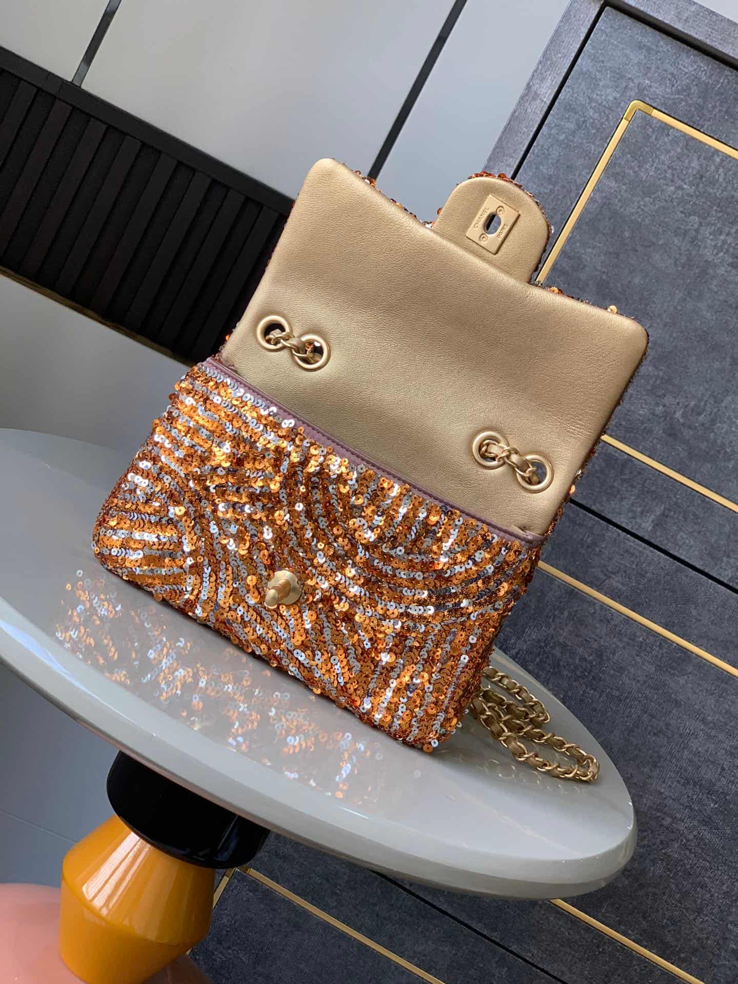 Chanel Classic Mini Flap Bag Sequins Embroidery & Gold-Tone Metal Gold 6171 A