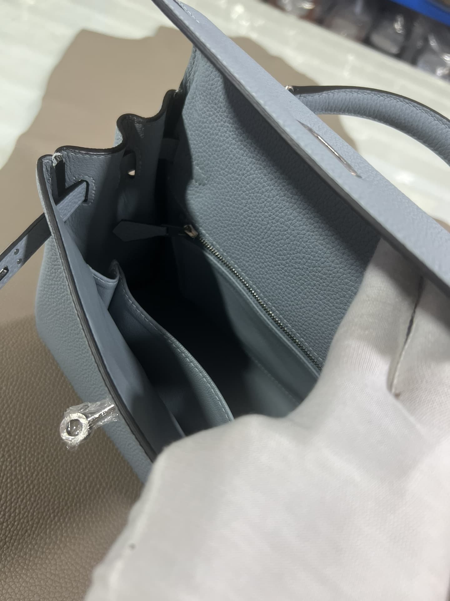 Hermes Kelly 25/28/32cm Retourne Bag Togo Leather In Grey-Blue WAX High