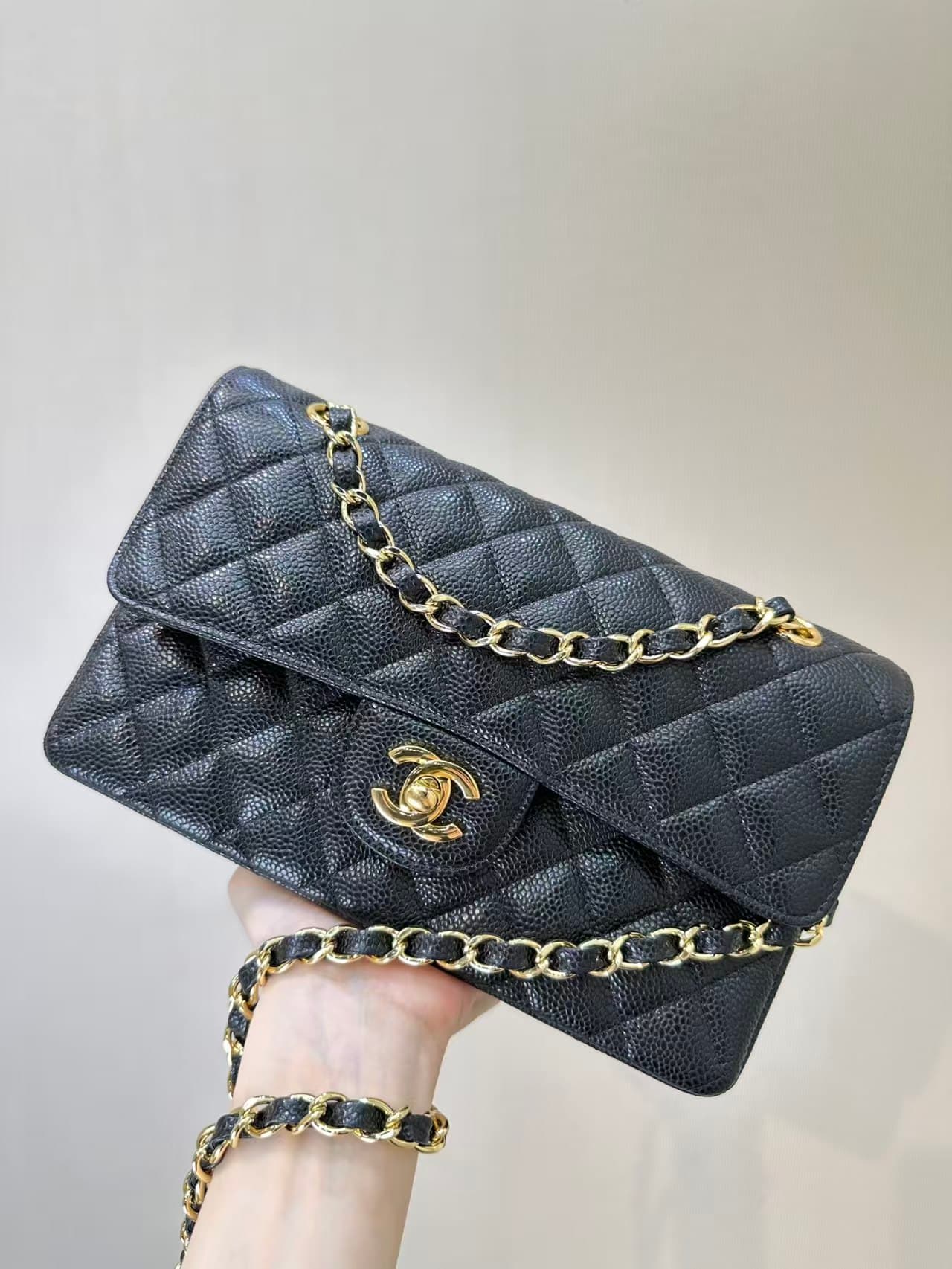 Chanel Small Classic Handbag Grained Calfskin & Gold-Tone Metal Black TOP