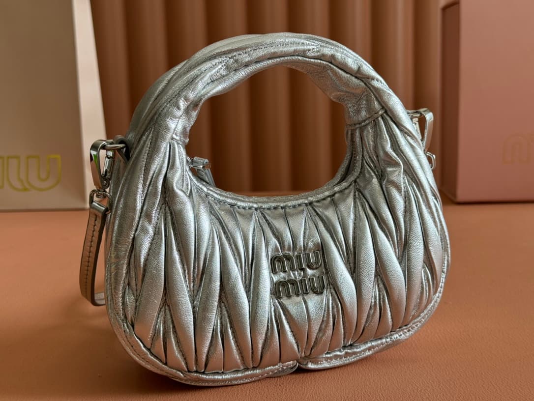 Miu Miu Silver Wander Matelassé Nappa Leather Hobo Mini-bag 5BP078 High