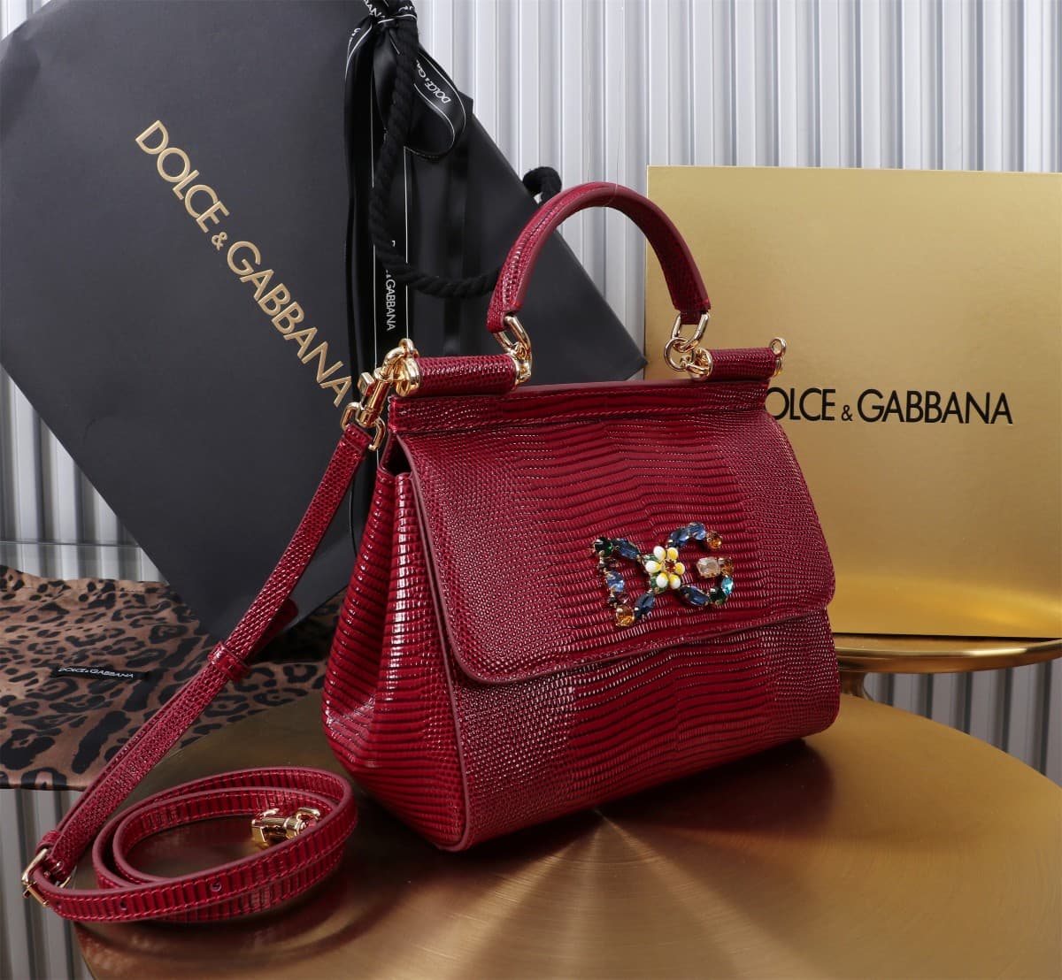 Sicily Handbag 20cm in Iguana Print Calfskin and Crystal DG Logo Patch High