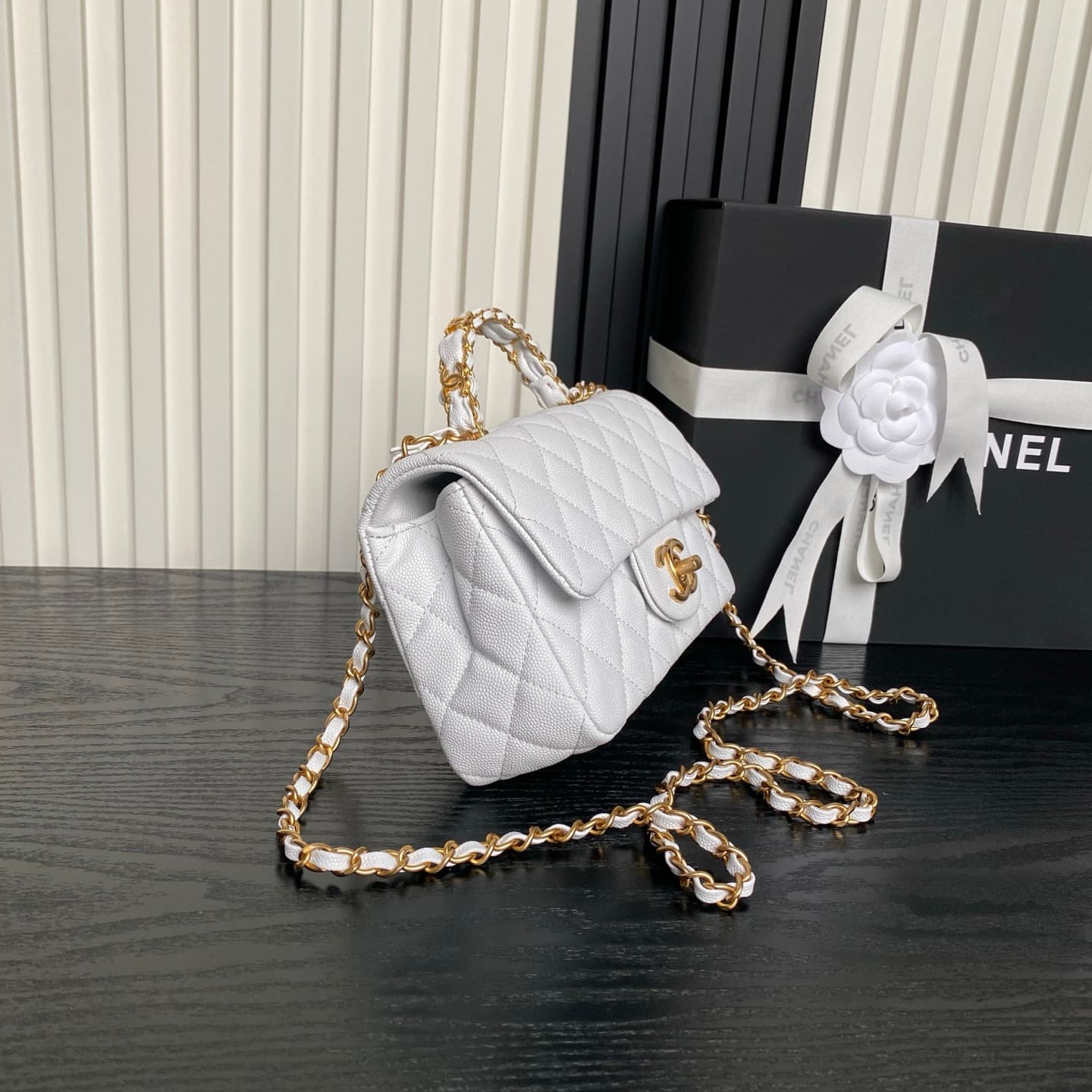 Chanel Mini Flap Bag with Top Handle Grained Shiny Calfskin & Gold-Tone Metal White AS5701 A