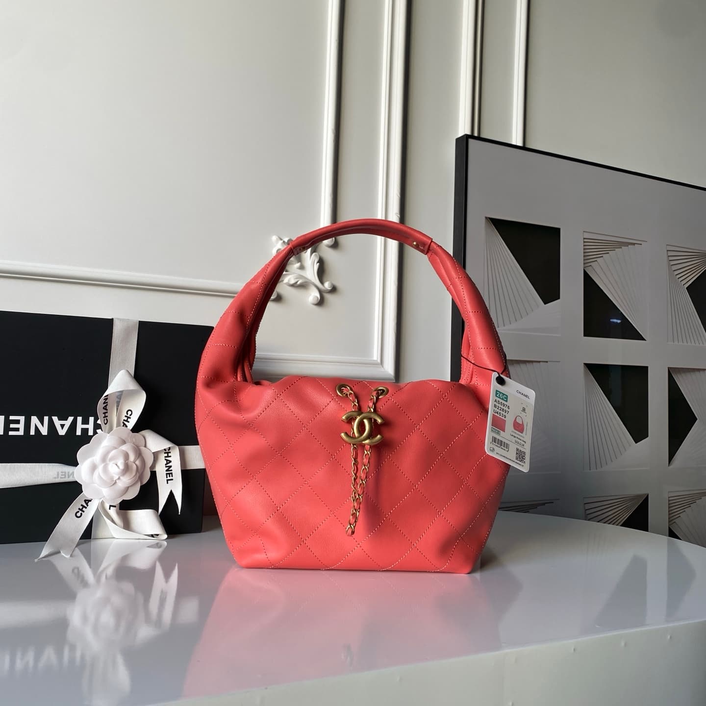 Chanel Hobo Handbag Calfskin & Gold-Tone Metal AS5976 Coral-Colored  A
