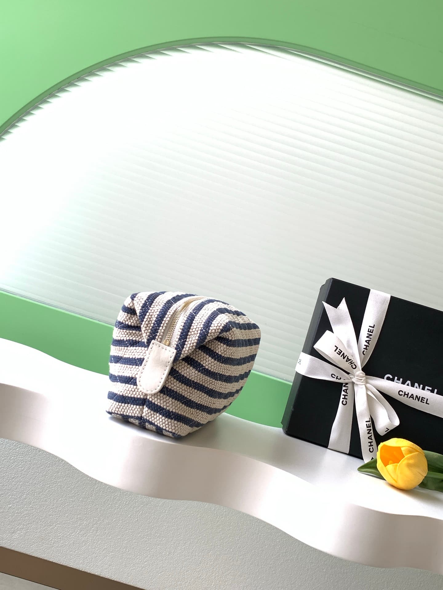 CHANEL Stripe Cosmetic Pouch Bag Printed fabric & Gold-Tone Metal Beige & Light Blue AP4990 A