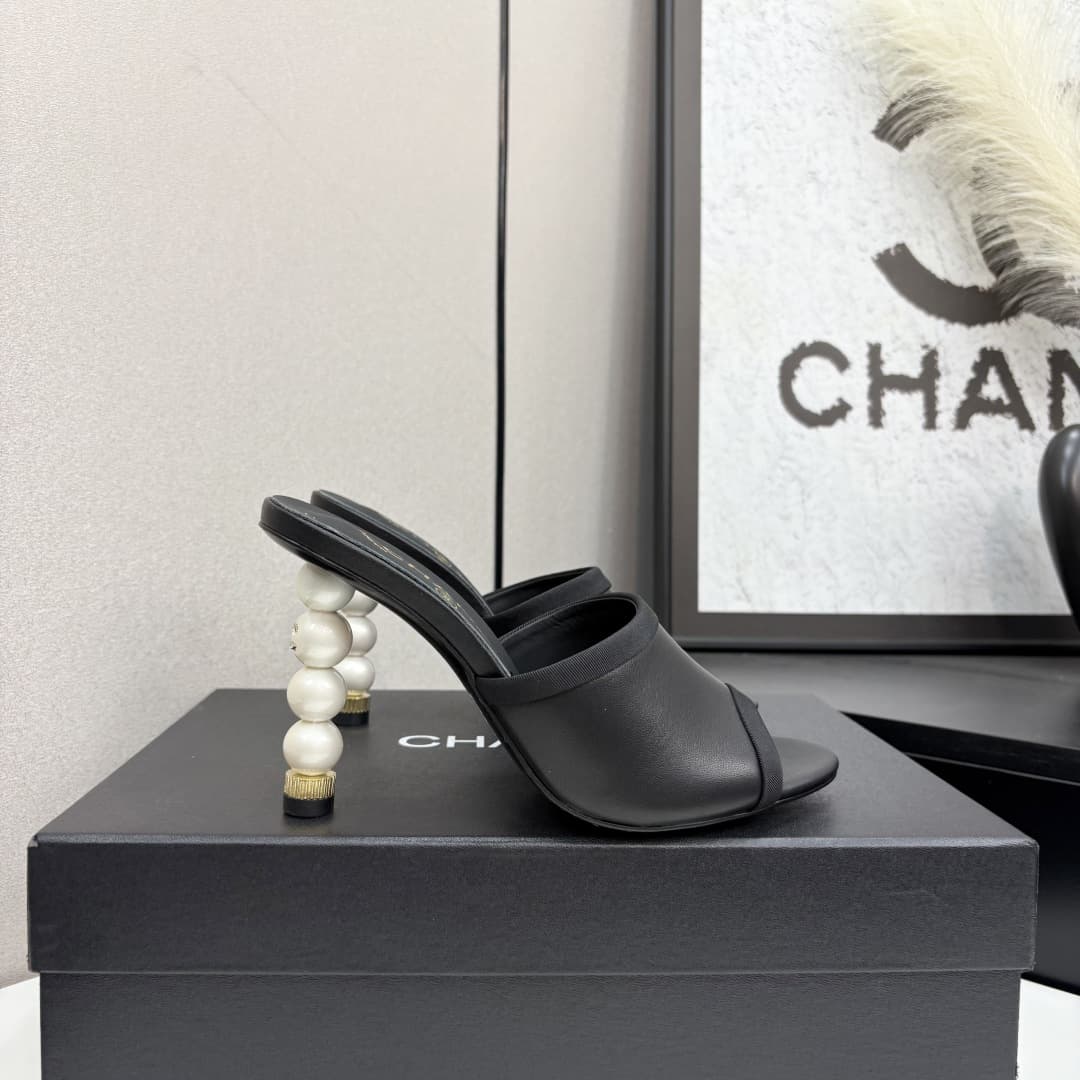 Chanel Lambskin Grosgrain Cap Toe Pearl Mule Shoes Women