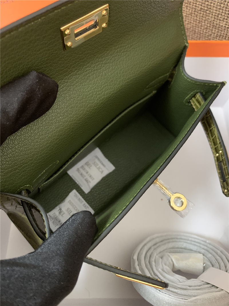 Hermes Kelly Mini II Bag Embossed Crocodile Leather WAX Silver/Gold Metal High Customizing style