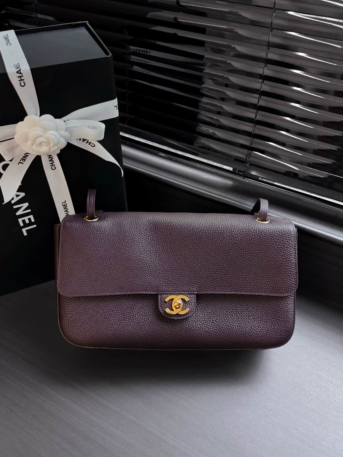 Chanel Maxi Flapbag Grained Calfskin & Gold-Tone Metal Dark Brown AS6231 A