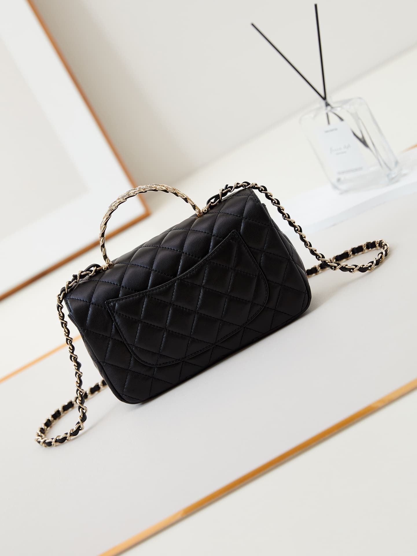 Chanel Mini Flap Bag with Top Handle Lambskin& Gold-Tone Metal Black AS4924 A