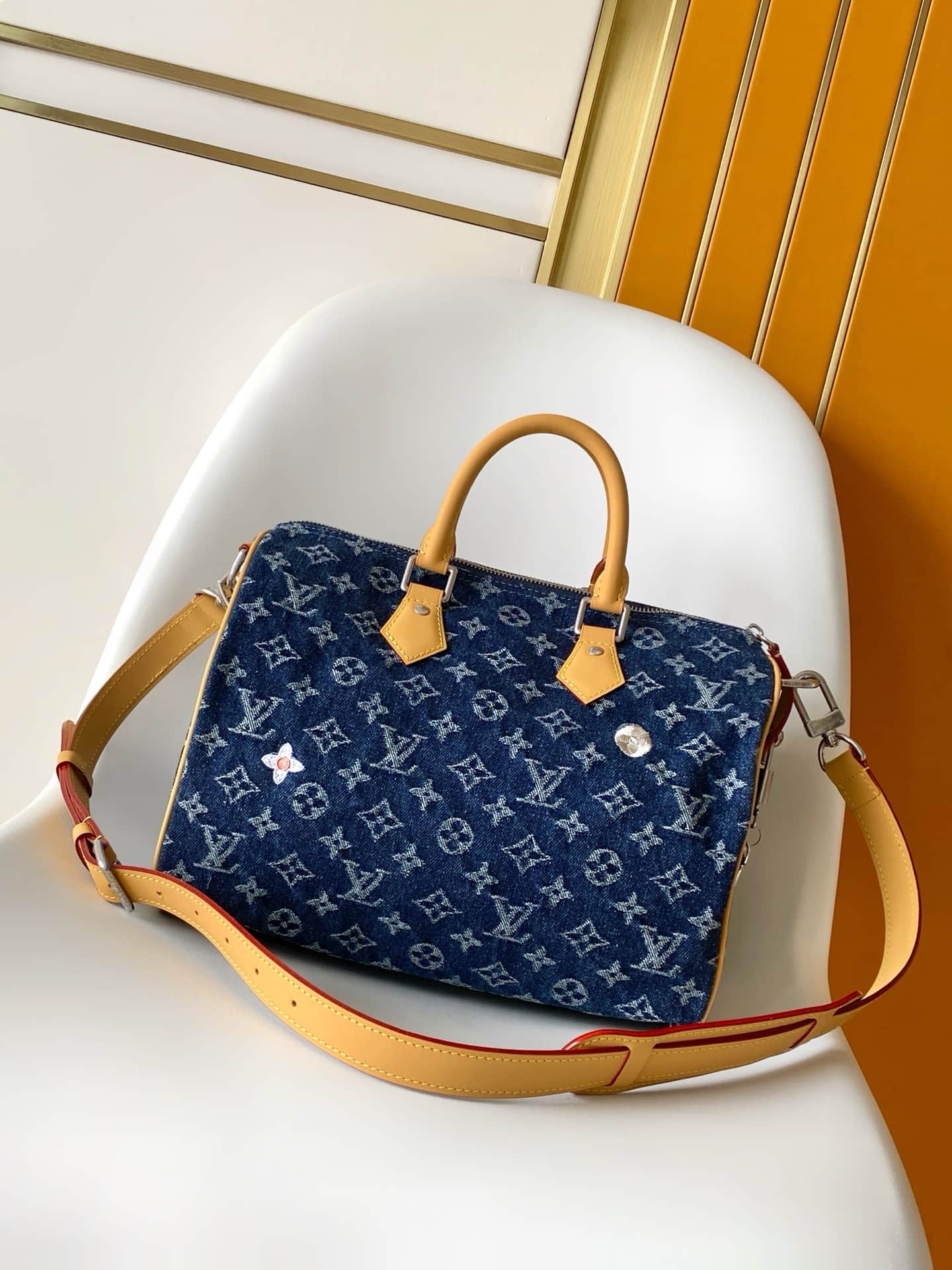 Louis Vuitton Speedy 30 Bandoulière Blue Monogram Flowers Denim M27556 High
