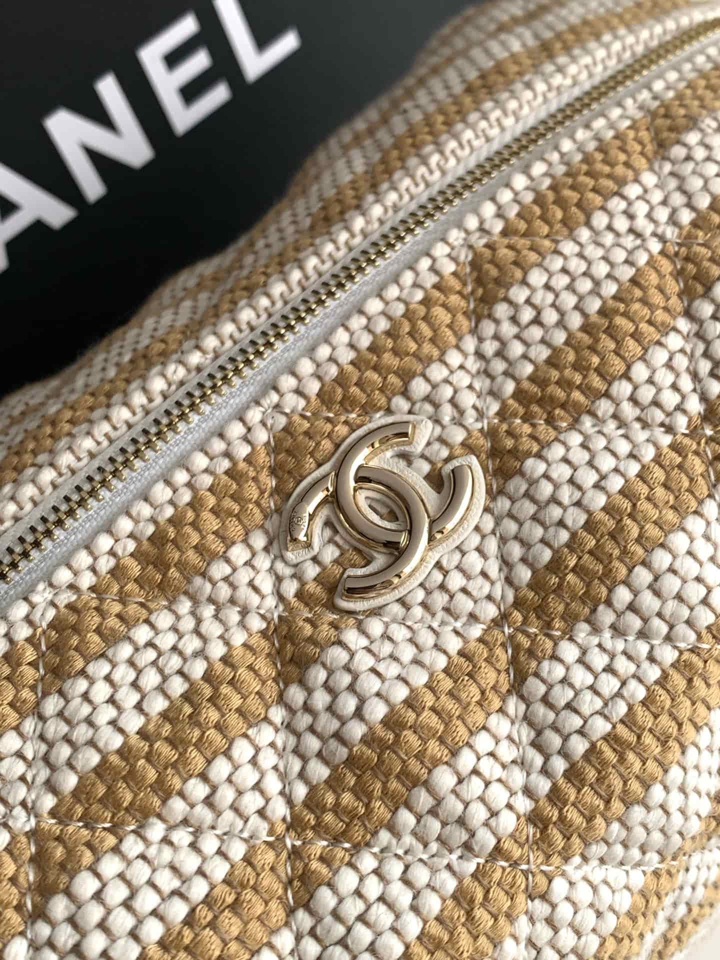 CHANEL Stripe Cosmetic Pouch Bag Printed fabric & Gold-Tone Metal Beige & Light Beige AP4990 A
