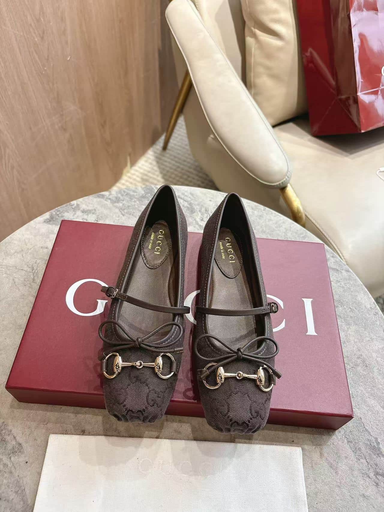 Gucci Women's  Horsebit ballet flat in dark brown GG canvas
