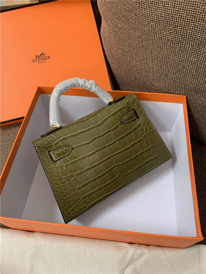 Hermes Kelly Mini II Bag Embossed Crocodile Leather WAX Silver/Gold Metal High Customizing style