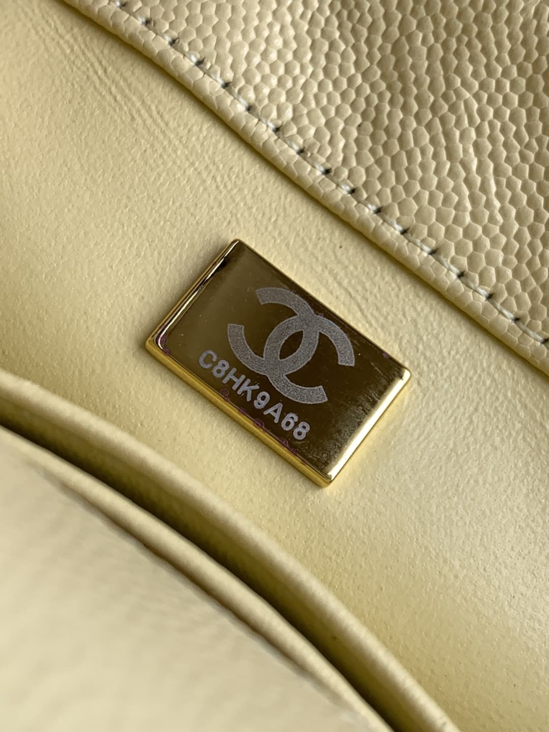 FLAP BAG WITH TOP HANDLE Grained Calfskin & Gold-Tone Metal A92990 Light-Yellow Binding A
