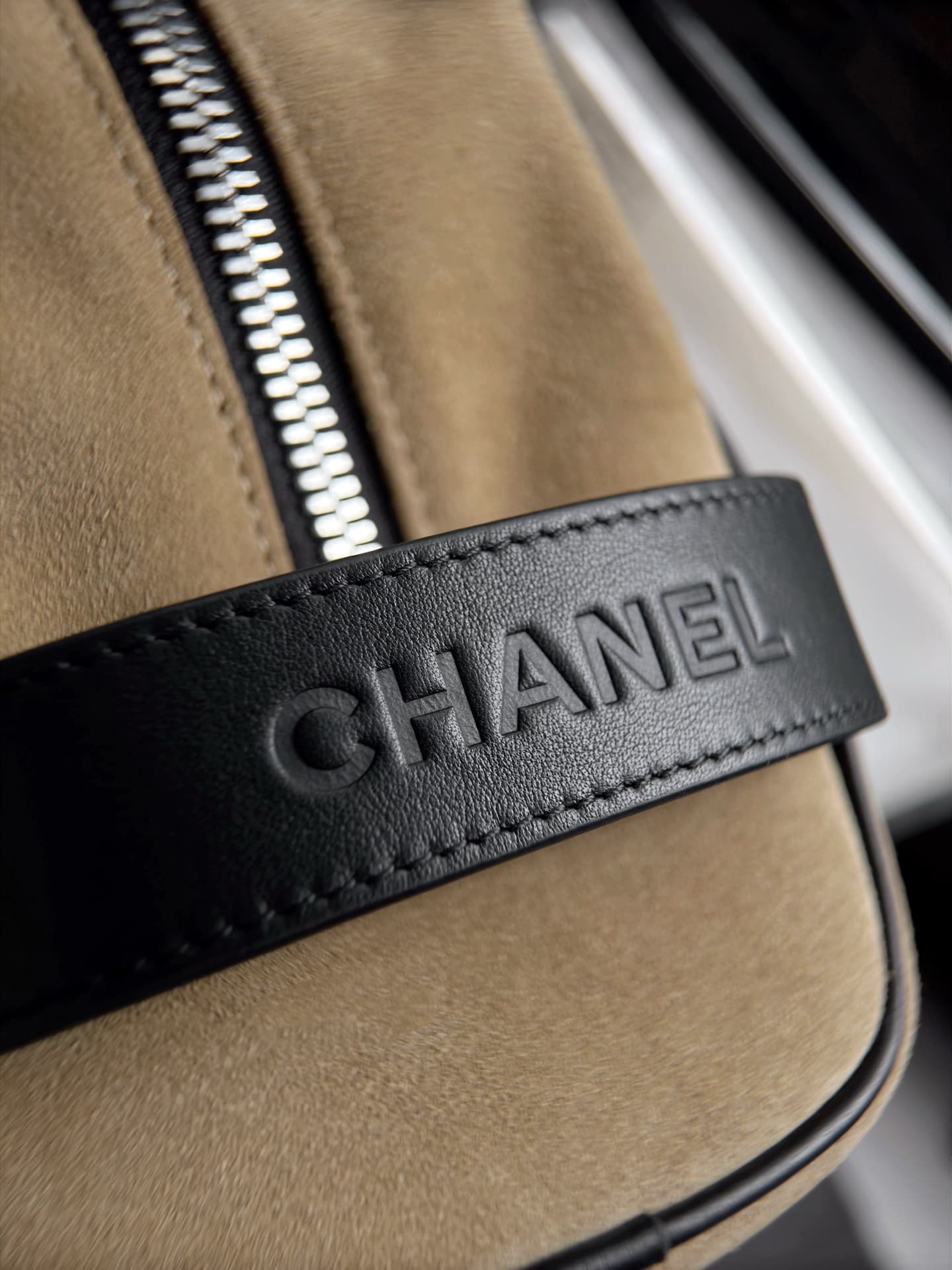 Chanel Large Zipped Pouch Suede Calfskin & Silver-Tone Metal AP5267 Beige A