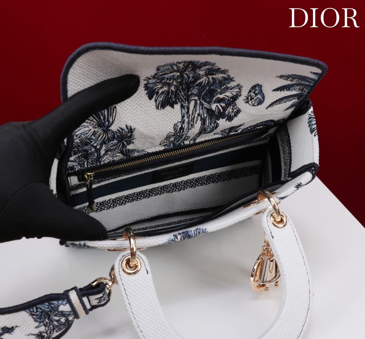 Medium Lady D-Lite Bag White and Navy Toile de Jouy Palms Embroidery High
