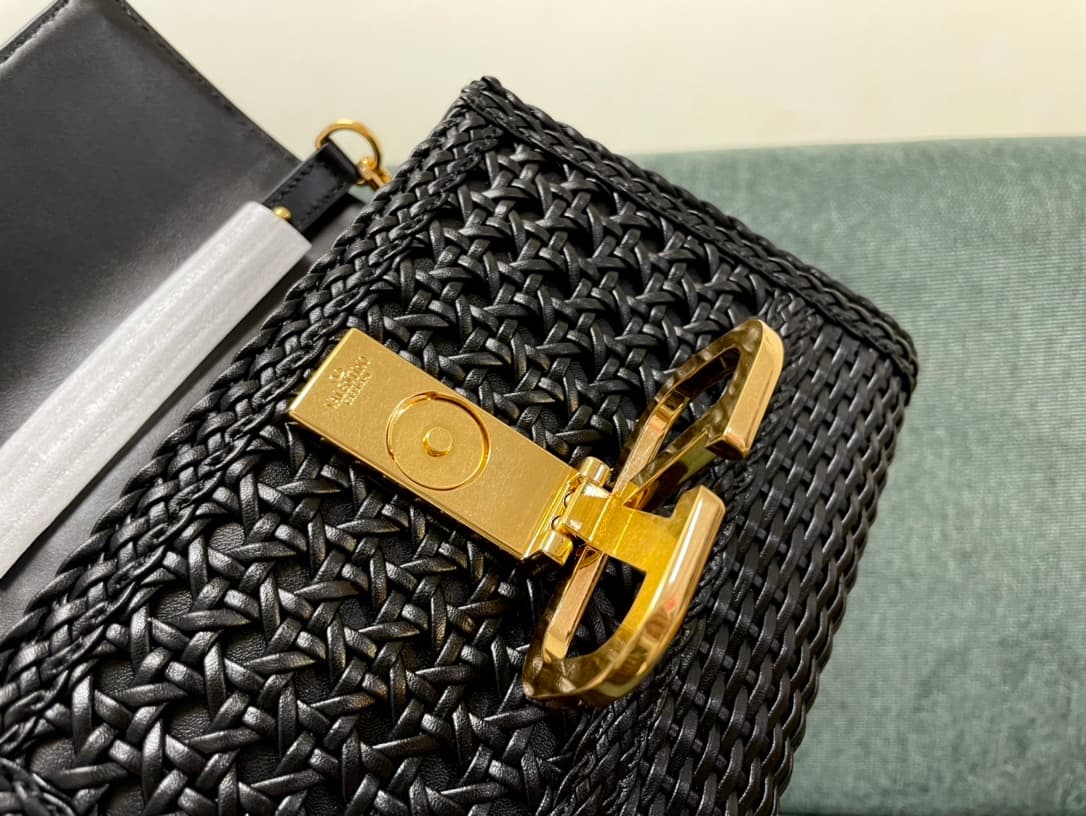 Valentino Garavani VSLING Mini Metallic Woven Top-Handle Bag Black High