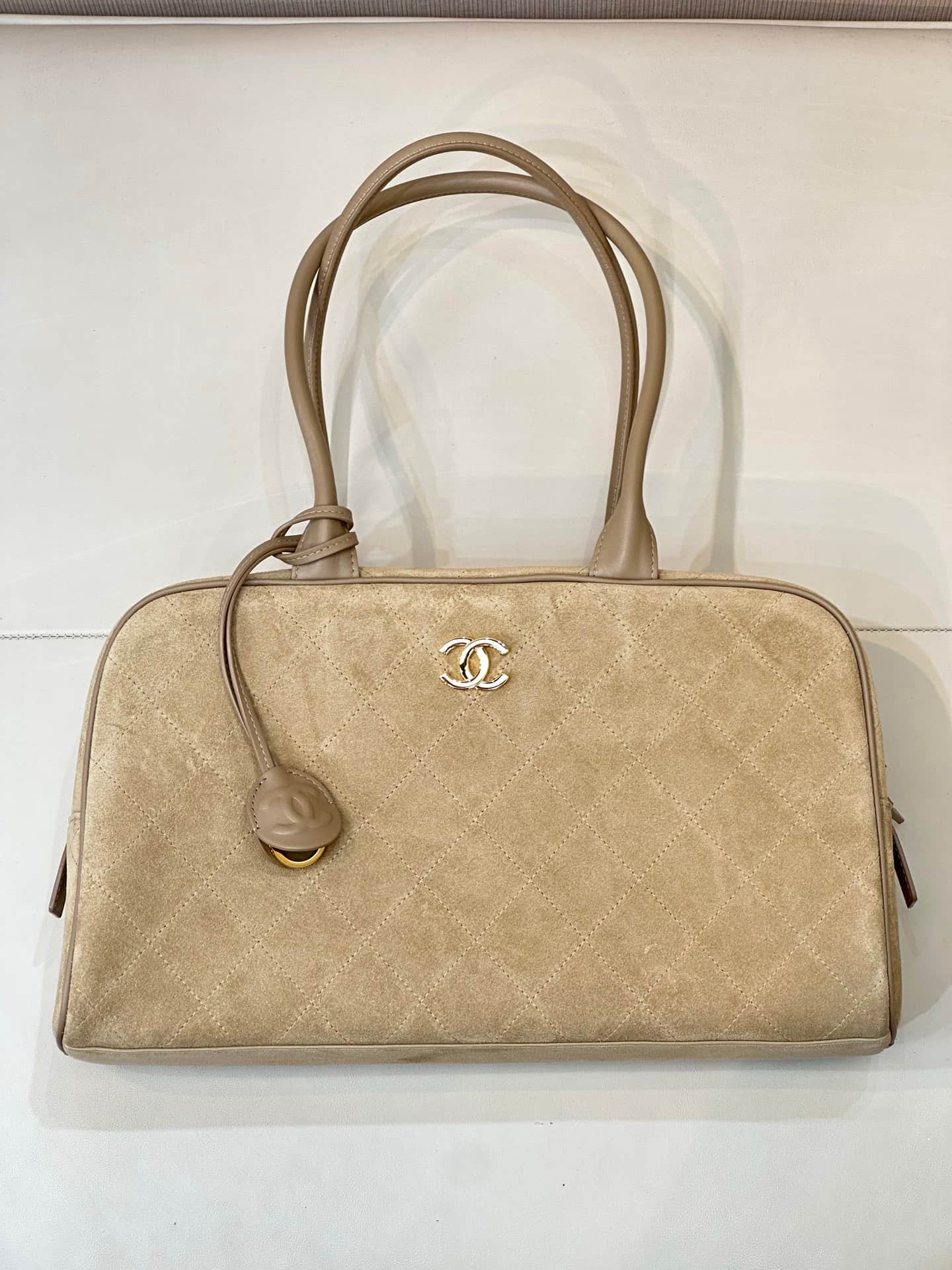 Chanel Bowling Bag Suede Calfskin Calfskin & Gold-Tone Metal Dark Beige TOP