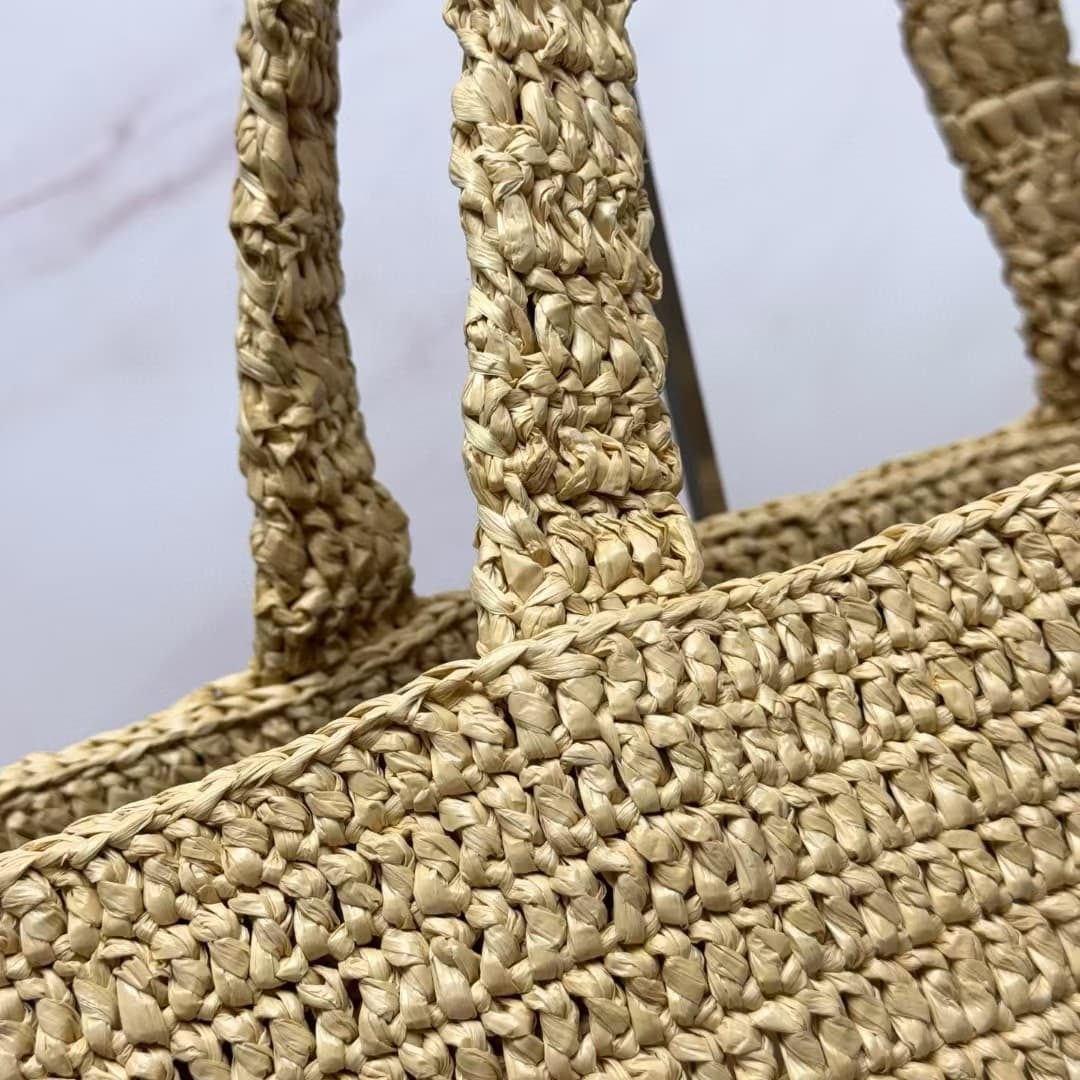 YSL Large Logo Embroidered Raffia Tote Bag High