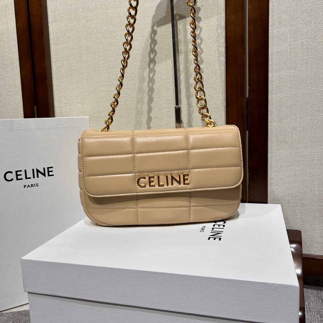 Celine Matelasse Monochrome Chain Shoulder Bag Beige High
