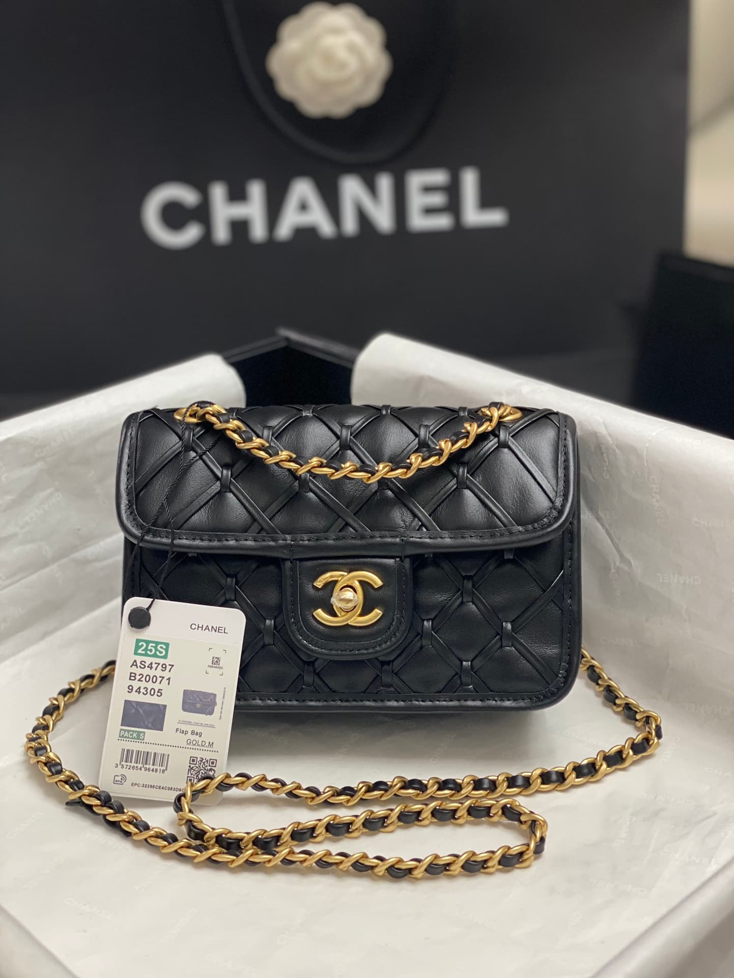 Chanel Mini Flap Bag Metallized Braided Calfskin & Gold-Tone Metal  Black AS4797 High