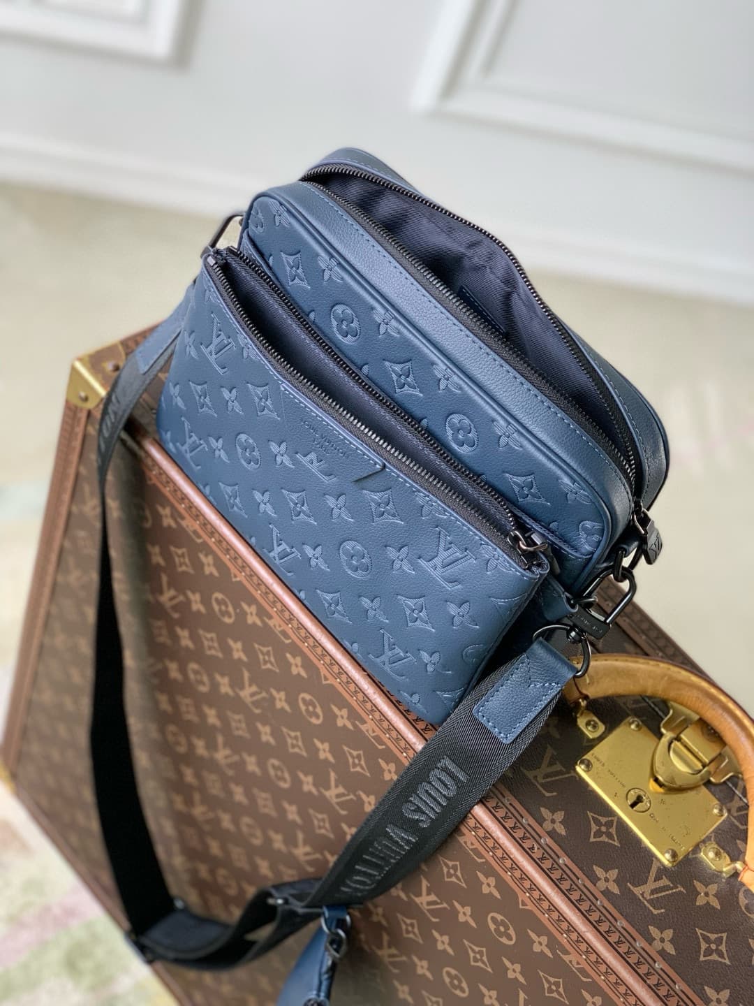 Louis Vuitton Trio Messenger Navy Blue Monogram Shadow calfskin leather M27925 High