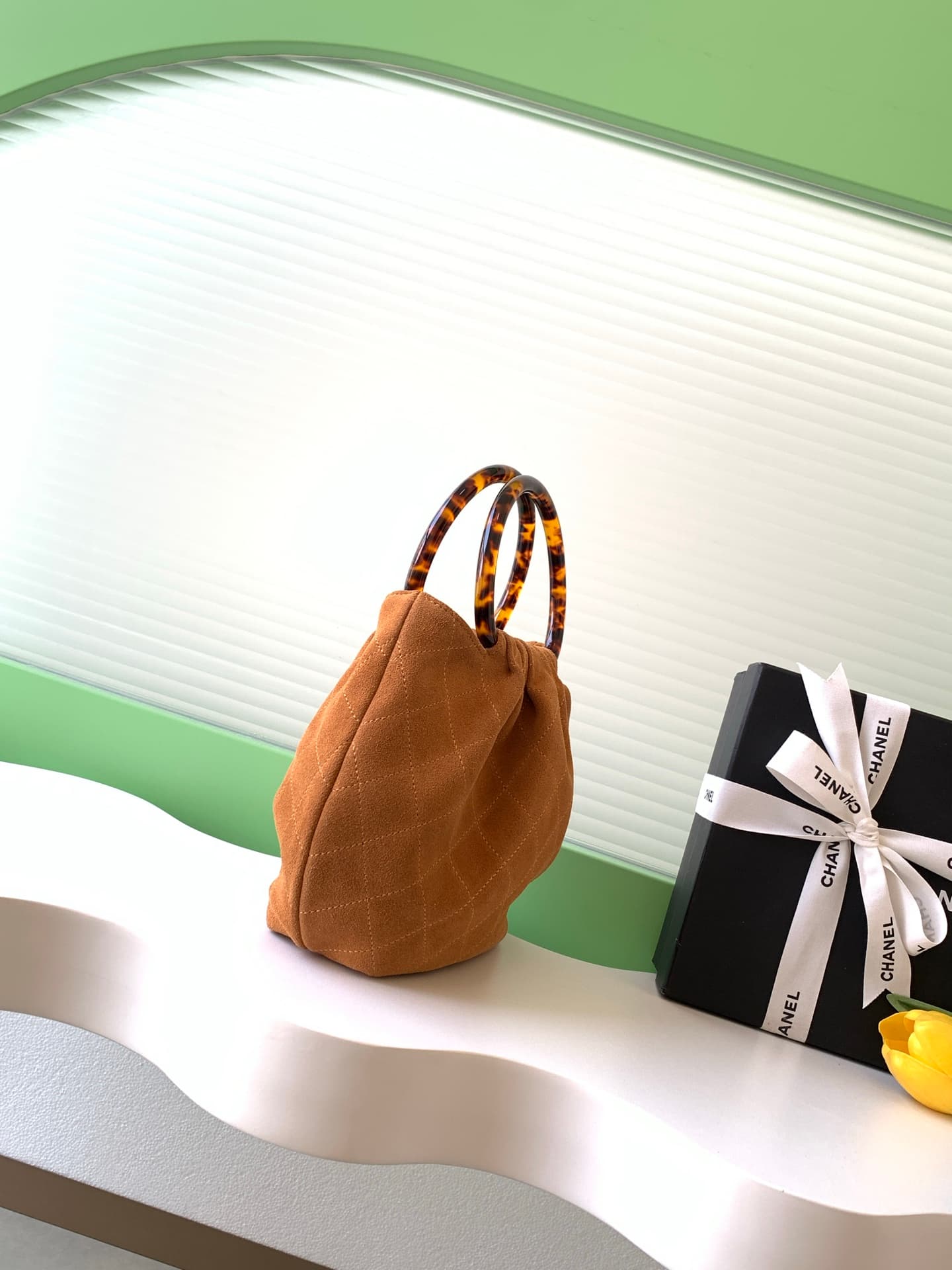 Chanel Small Hobo Bag Suede Calfskin Turtoise-Shell Effect Plexi & Gold-Tone Metal Camel AS6022 High