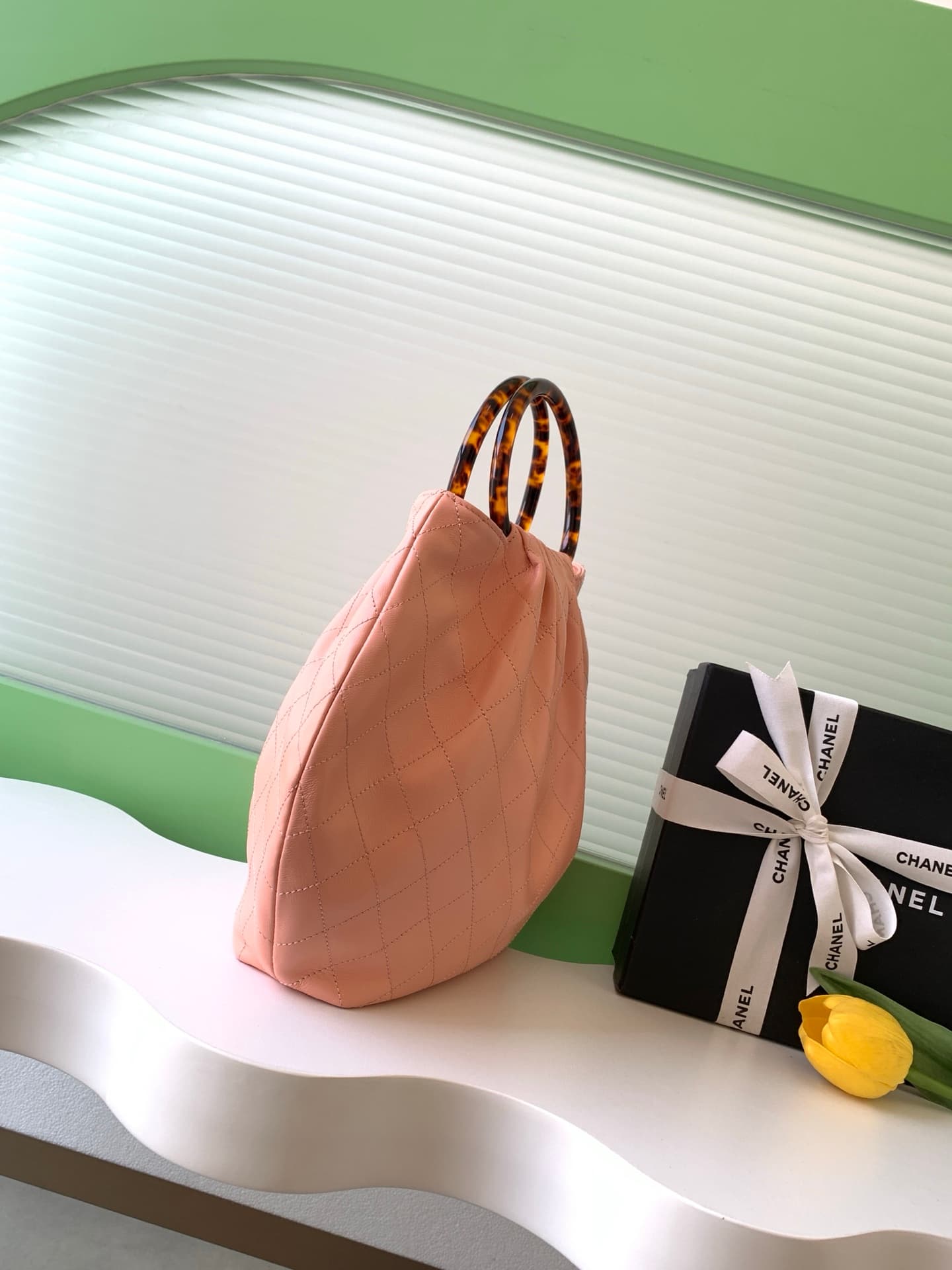 Chanel Medium Hobo Bag Lambskin-Shell Effect Plexi & Gold-Tone Metal Pink AS6010 High