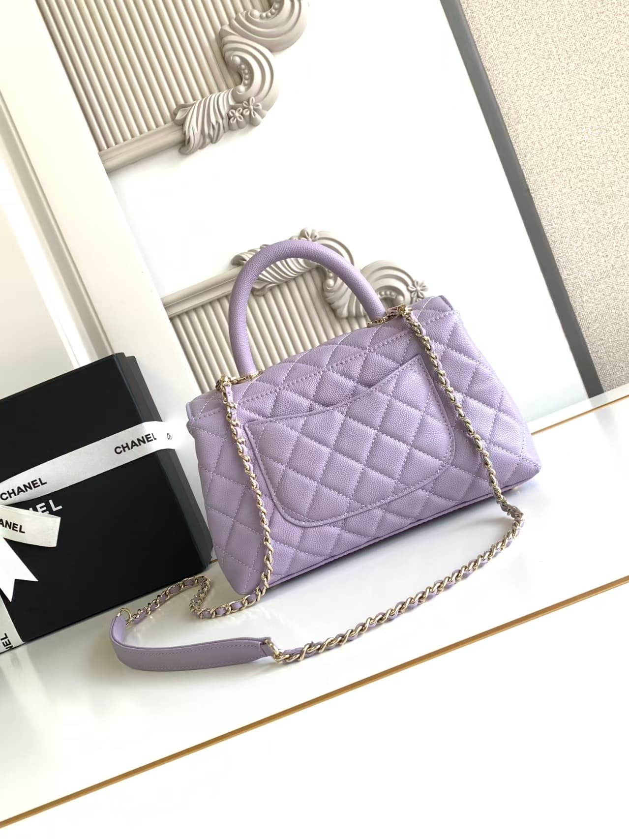 FLAP BAG WITH TOP HANDLE Grained Calfskin & Gold-Tone Metal A92990 Purple Binding A